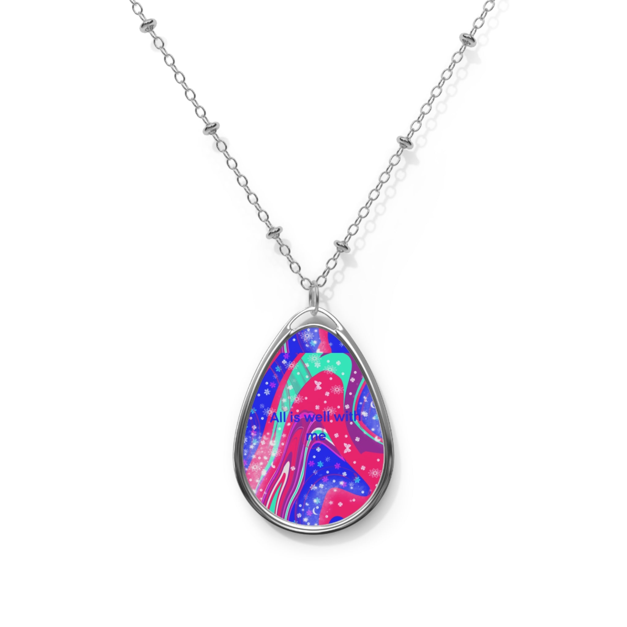 Colorful Abstract Oval Necklace Pendant — Silver Teardrop Art Jewelry