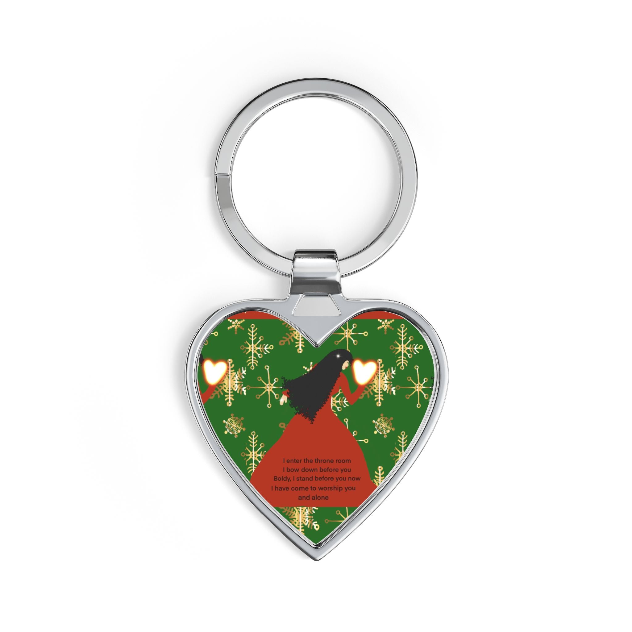 Christmas Heart Keychain - Red Dress silhouette on Green Snowflake Background