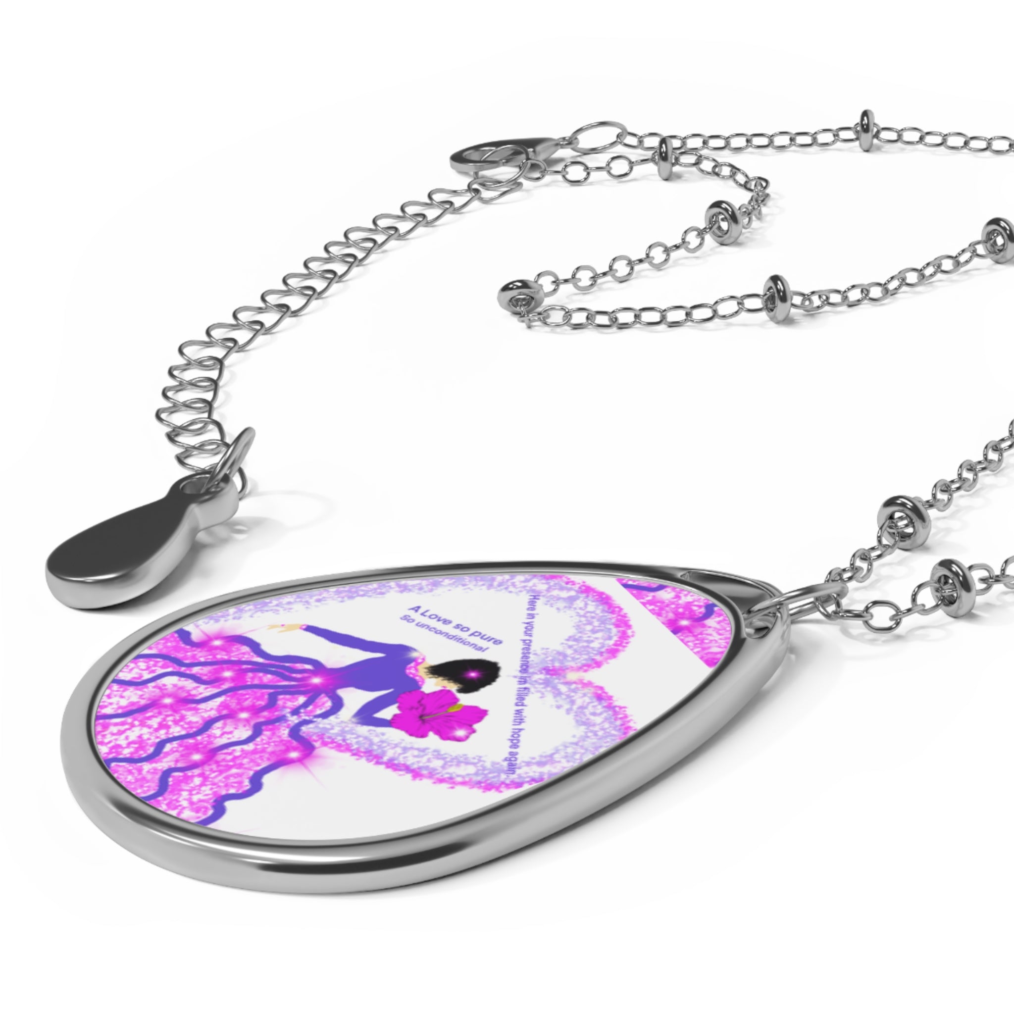 Oval Pendant Necklace — Pink Fairy Heart Art Jewelry