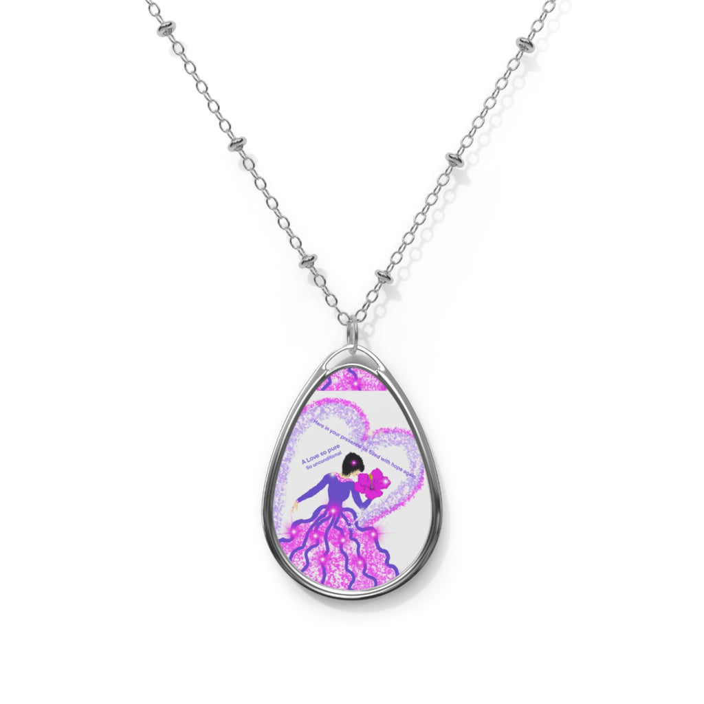 Oval Pendant Necklace — Pink Fairy Heart Art Jewelry