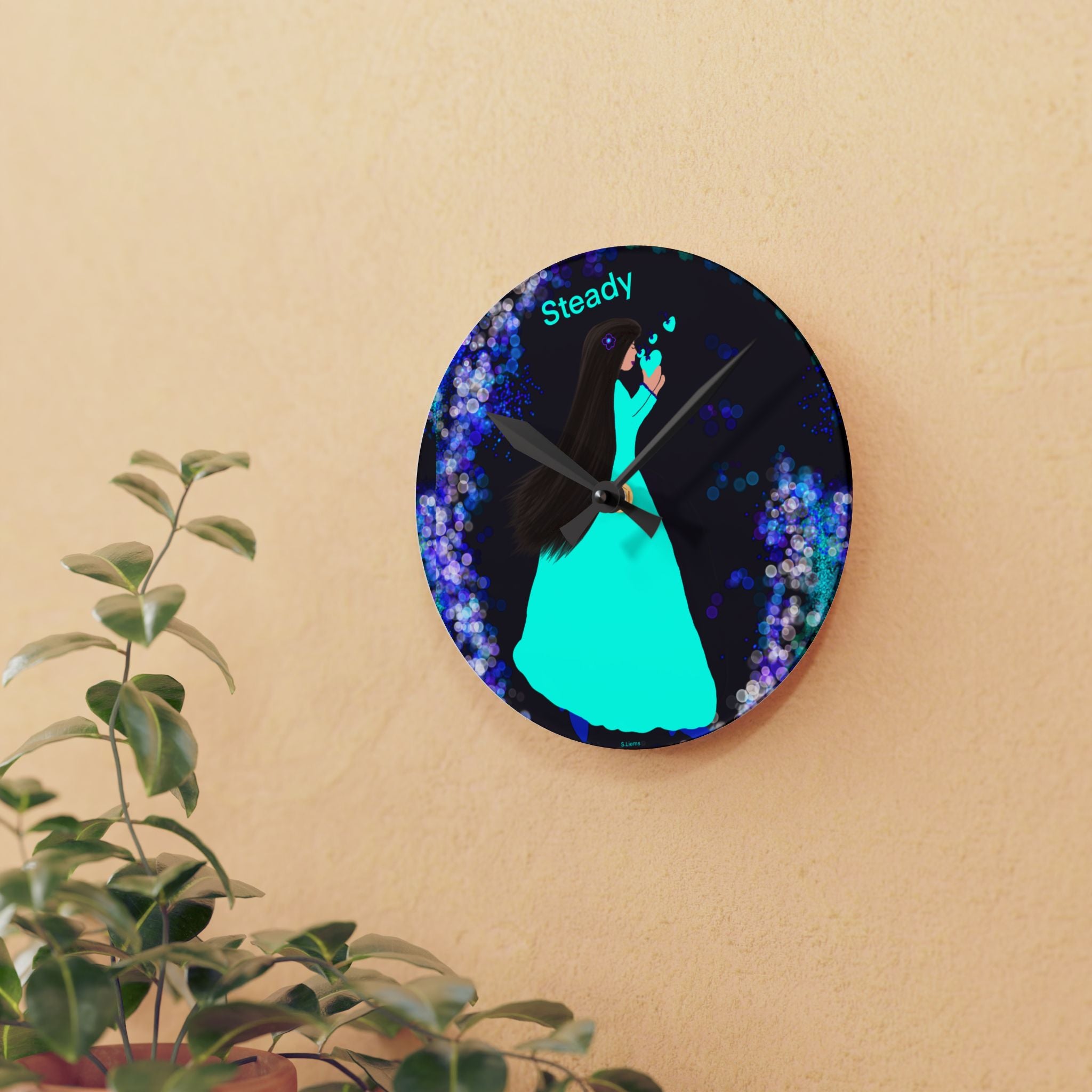 Steady Girl Acrylic Wall Clock — Teal Gown Night Sky Decor