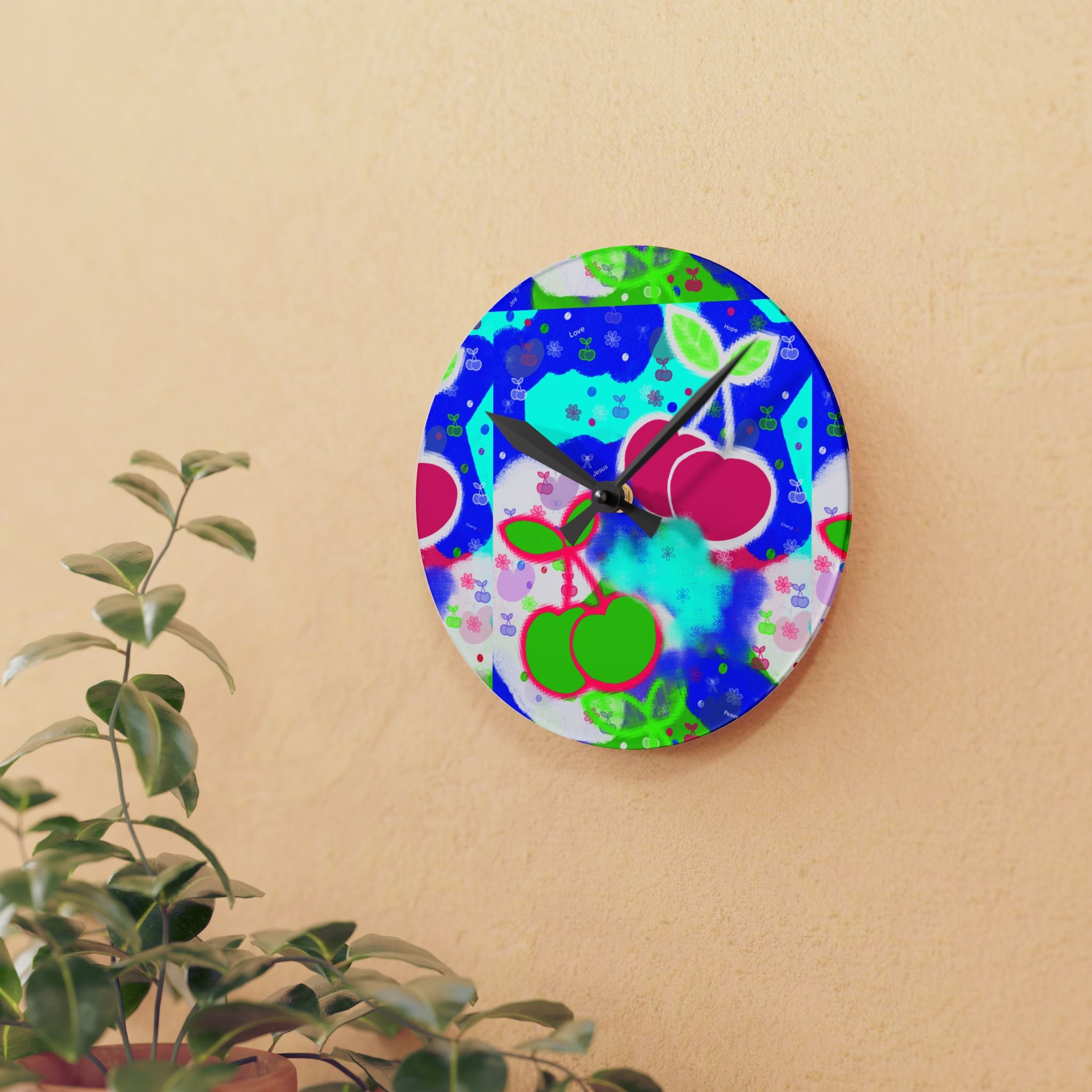 Colorful Cherry Pop Acrylic Wall Clock — Retro Fruit Kitchen Decor