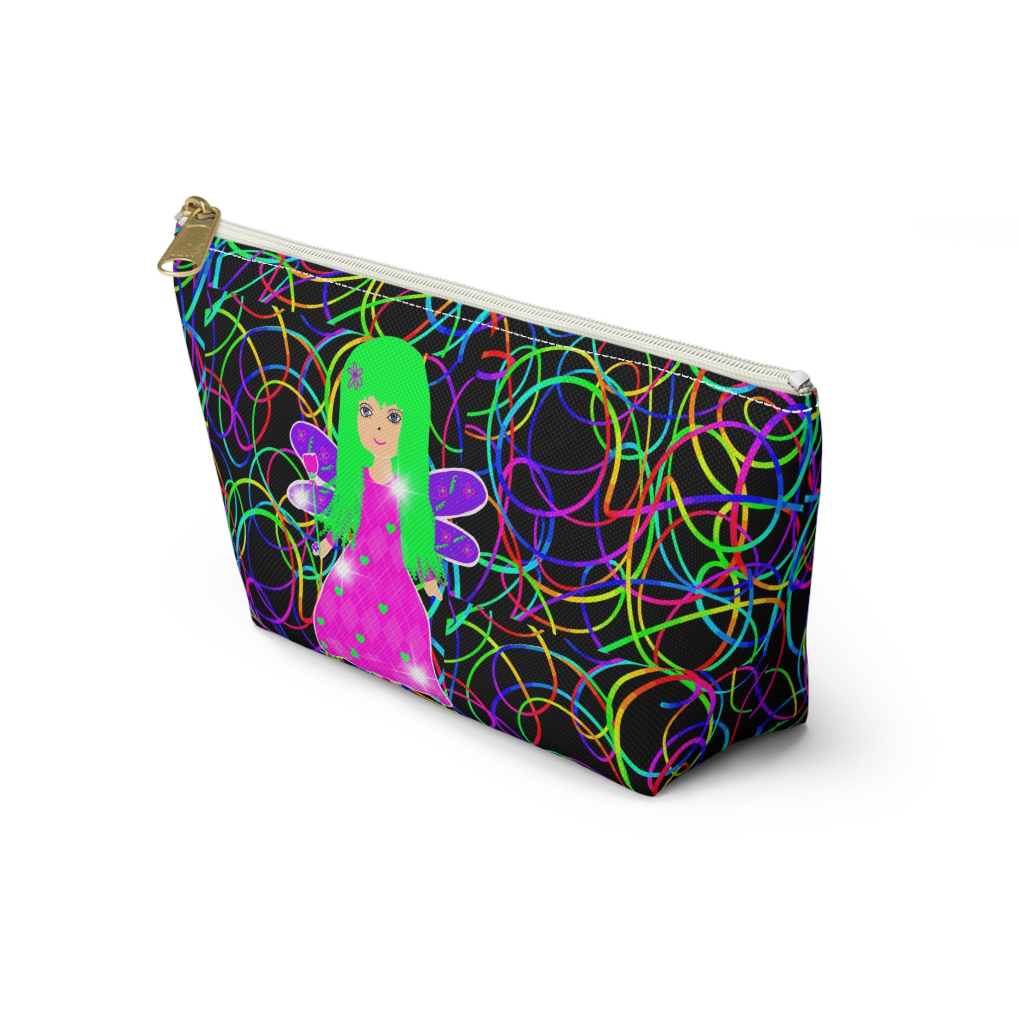 Fairy Girl Neon Circles Accessory Pouch — Womens Cosmetic Bag with T‑Bottom