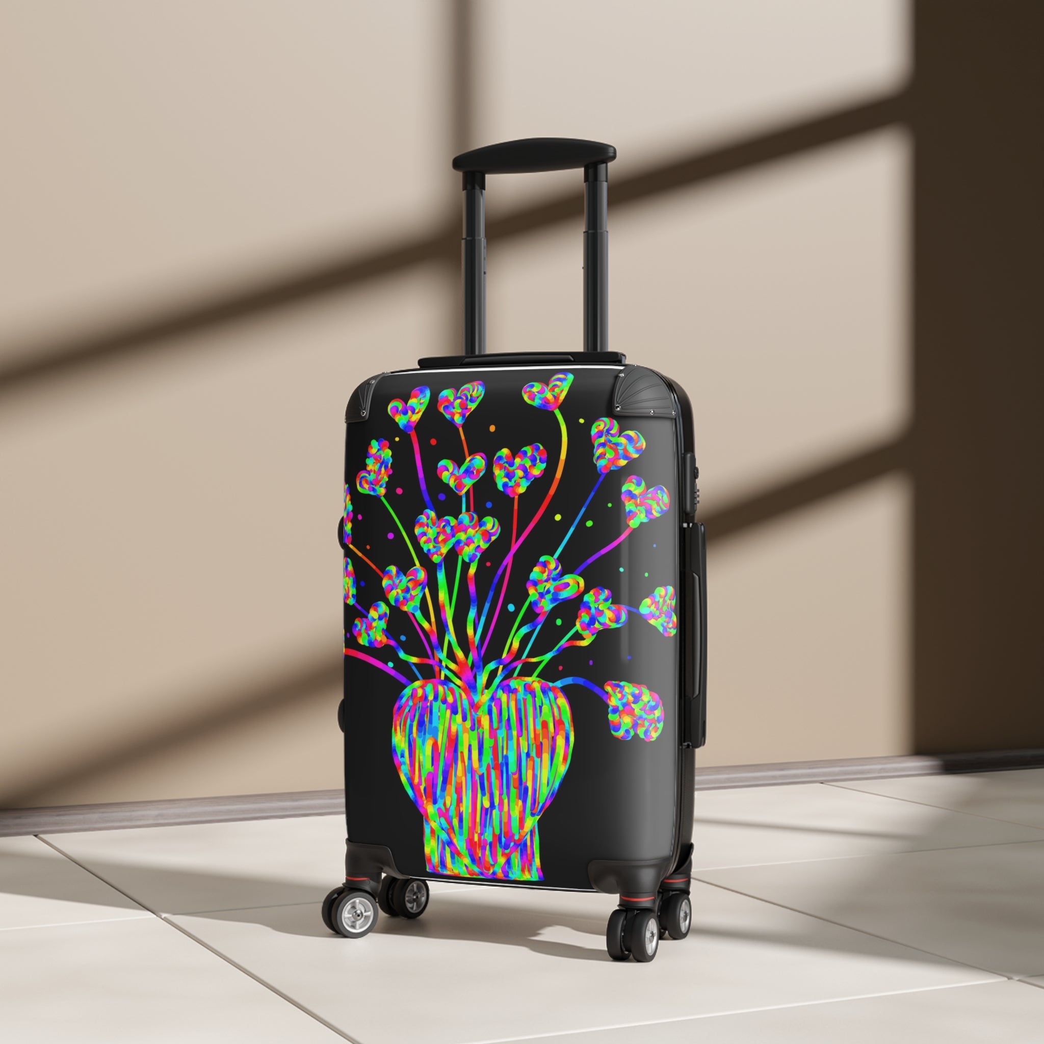Vibrant Heart Bouquet Carry-On Suitcase — Neon Floral Travel Luggage