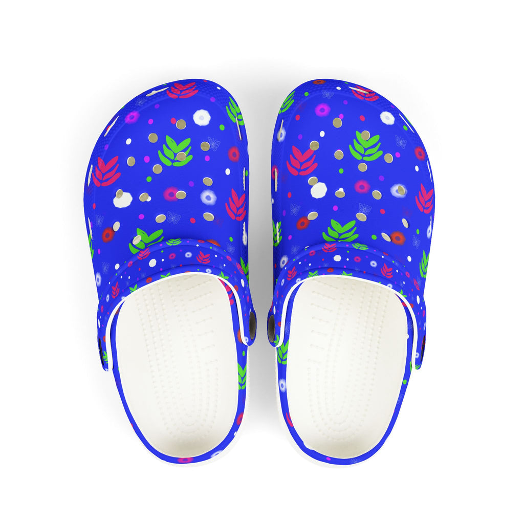 Kids Blue Floral EVA Foam Clogs — Cute Garden Print Slip-On Casual Shoes