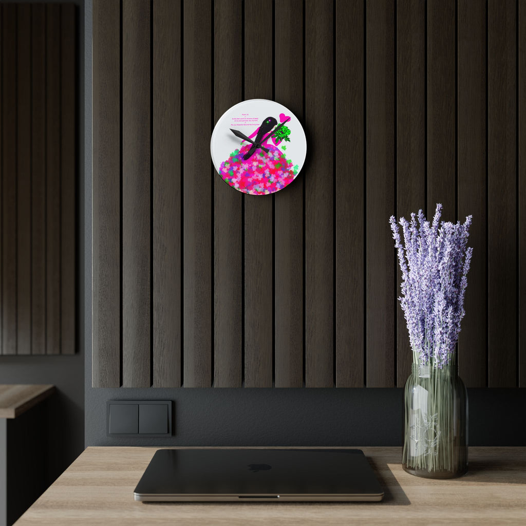 Acrylic Wall Clock — Floral Heart Girl Decorative Wall Clock with Pink Bouquet
