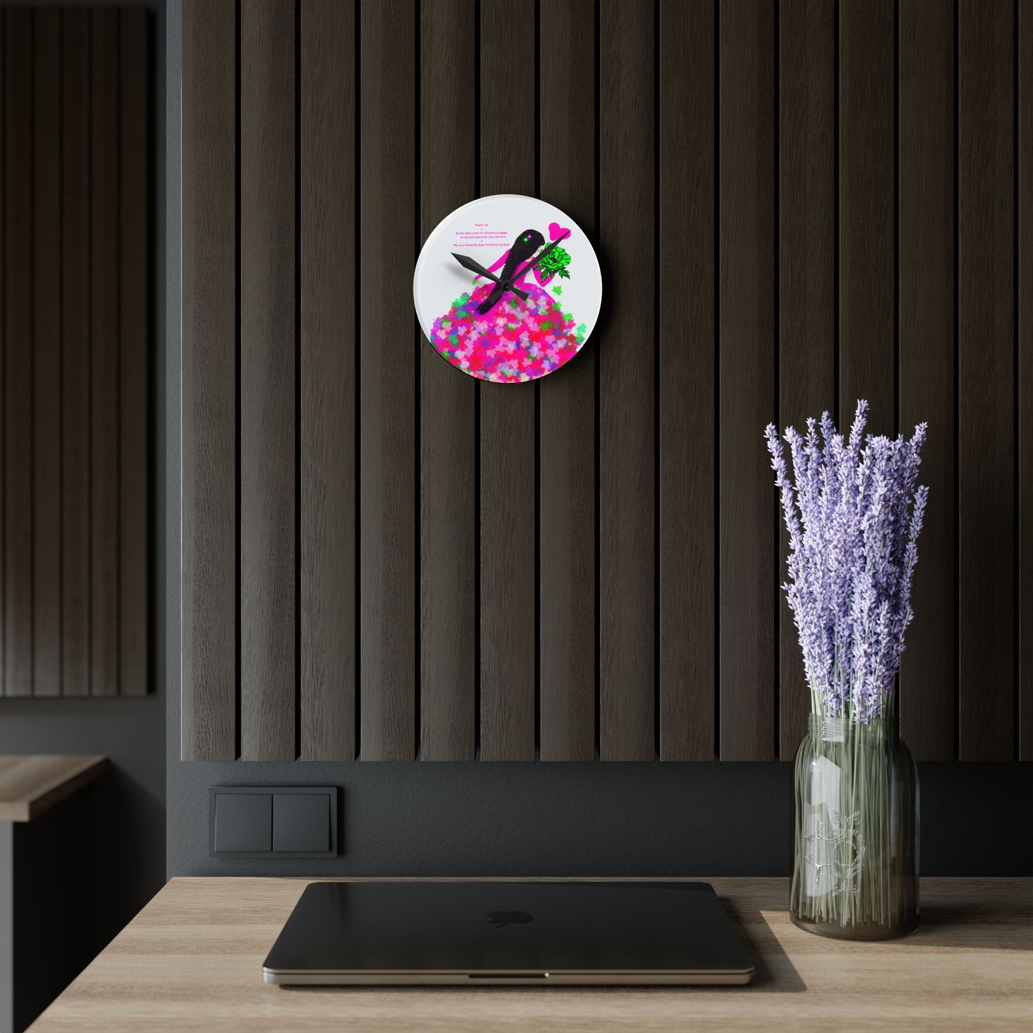 Acrylic Wall Clock — Floral Heart Girl Decorative Wall Clock with Pink Bouquet