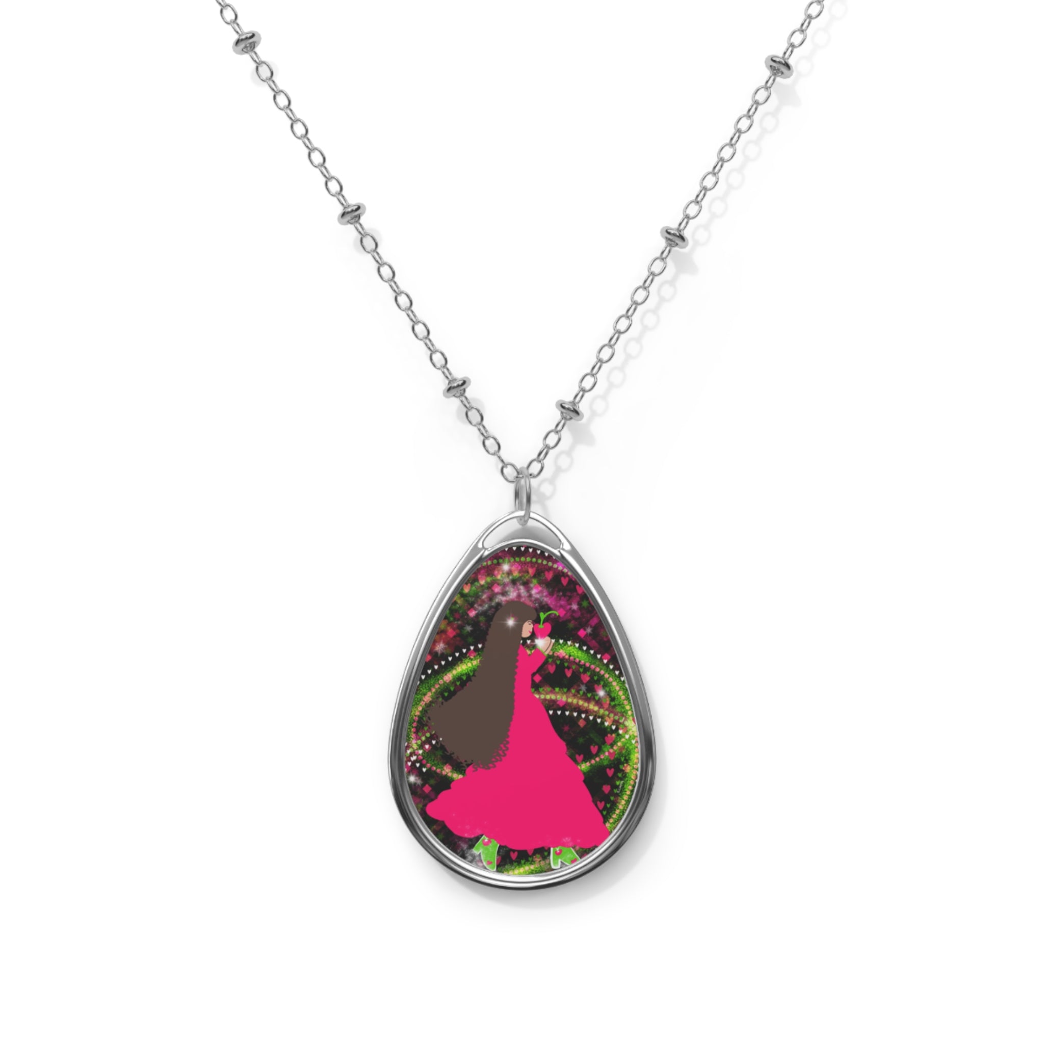 Pink Prom Silhouette Oval Necklace — Dancer Pendant Jewelry