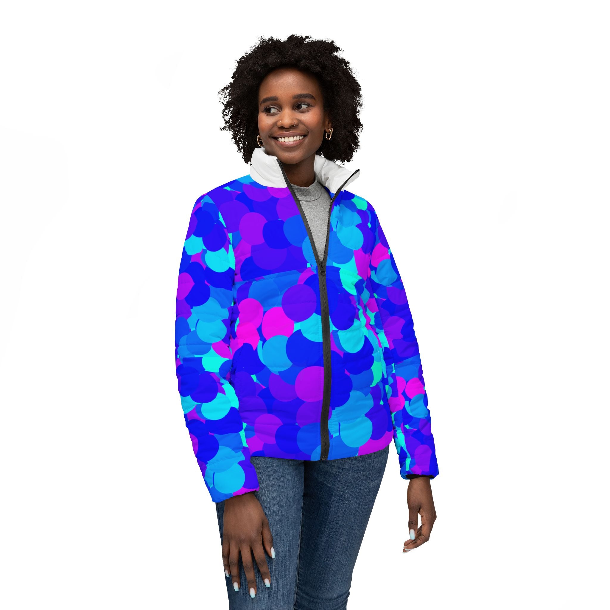 Women’s Puffer Jacket — Vibrant Blue & Purple Confetti All-Over Print