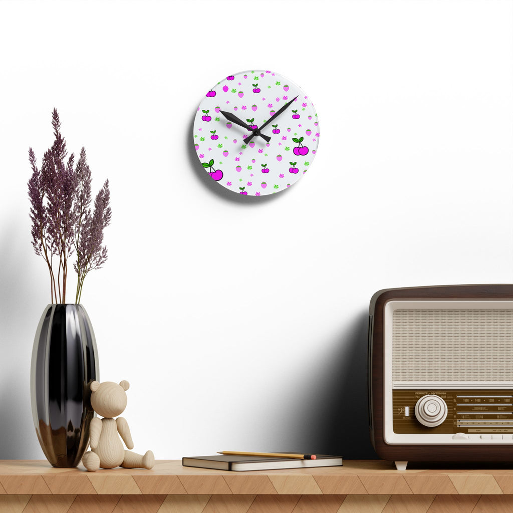 Pink Cherry Pattern Acrylic Wall Clock — Cute Kawaii Fruit Decor