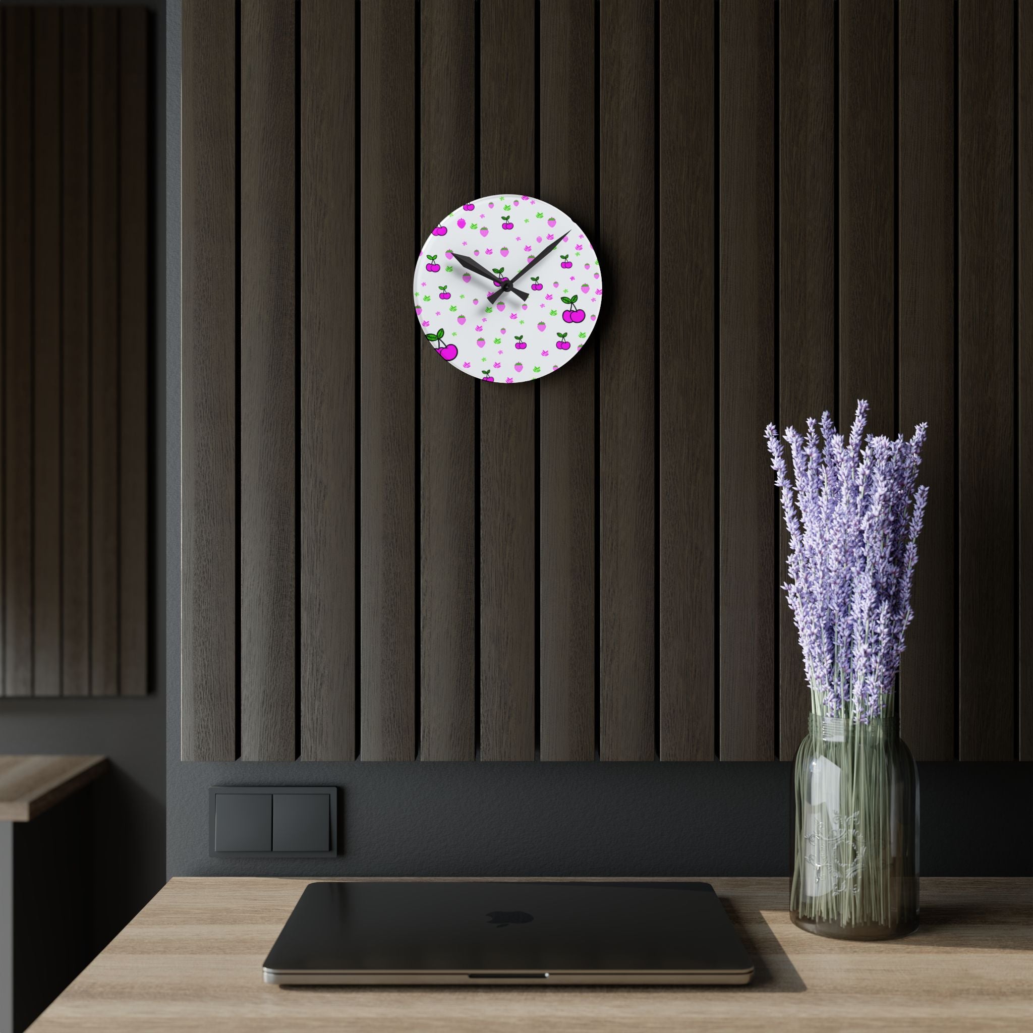 Pink Cherry Pattern Acrylic Wall Clock — Cute Kawaii Fruit Decor