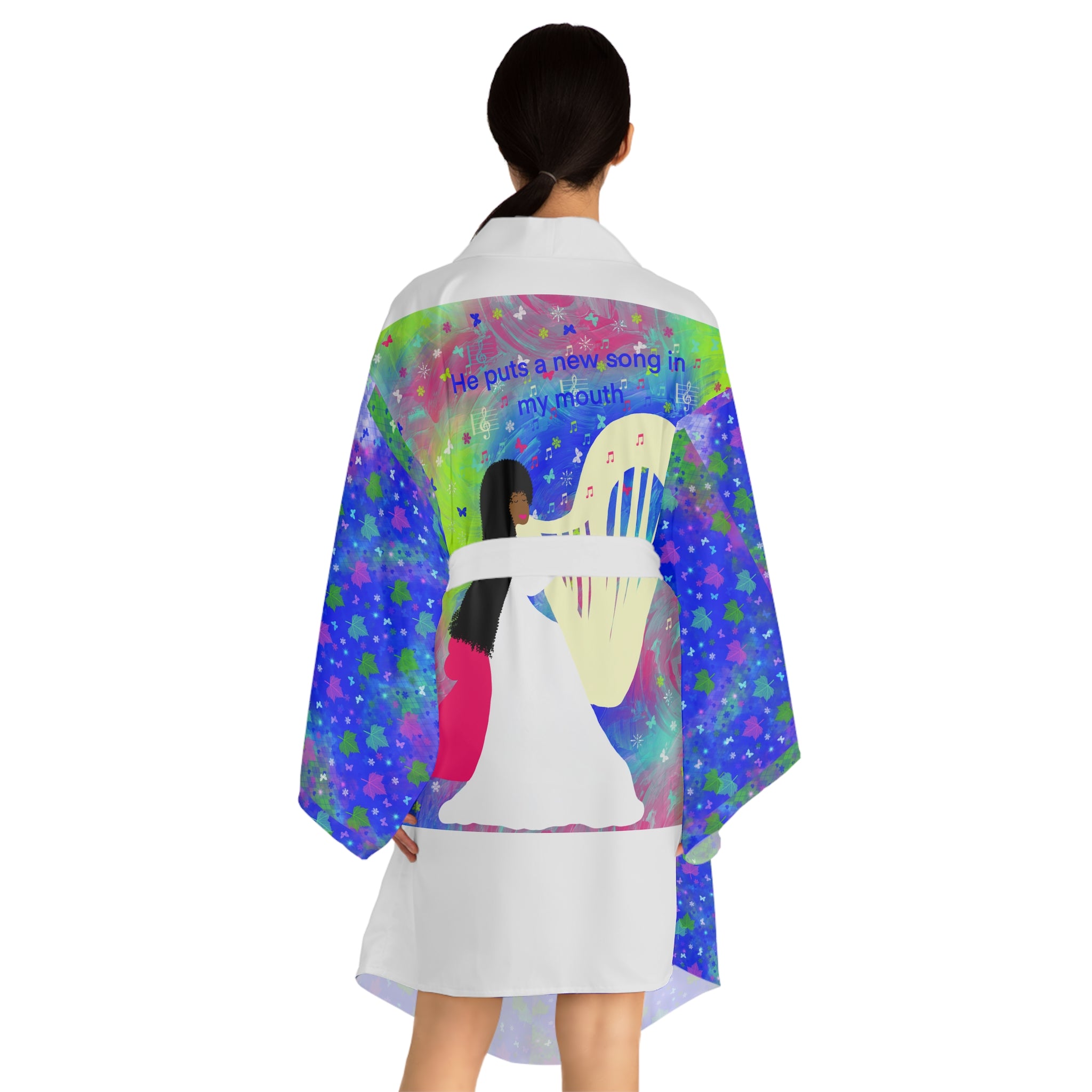 Women’s Kimono Robe — Colorful Harp Girl "He puts a new song in my mouth" AOP