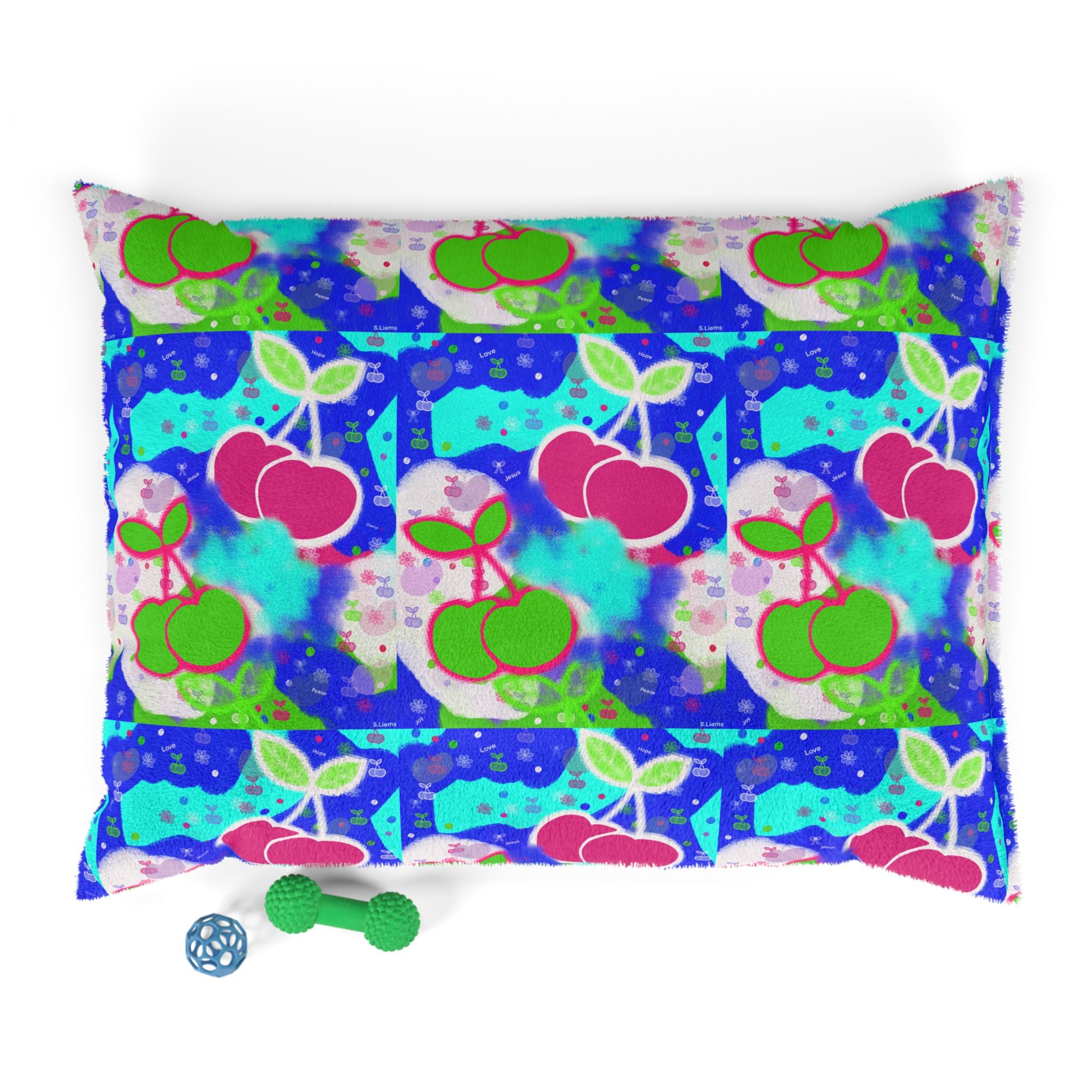 Cherry Pop Pattern Pet Bed — Bright Blue Floral Cherry Cushion for Dogs & Cats