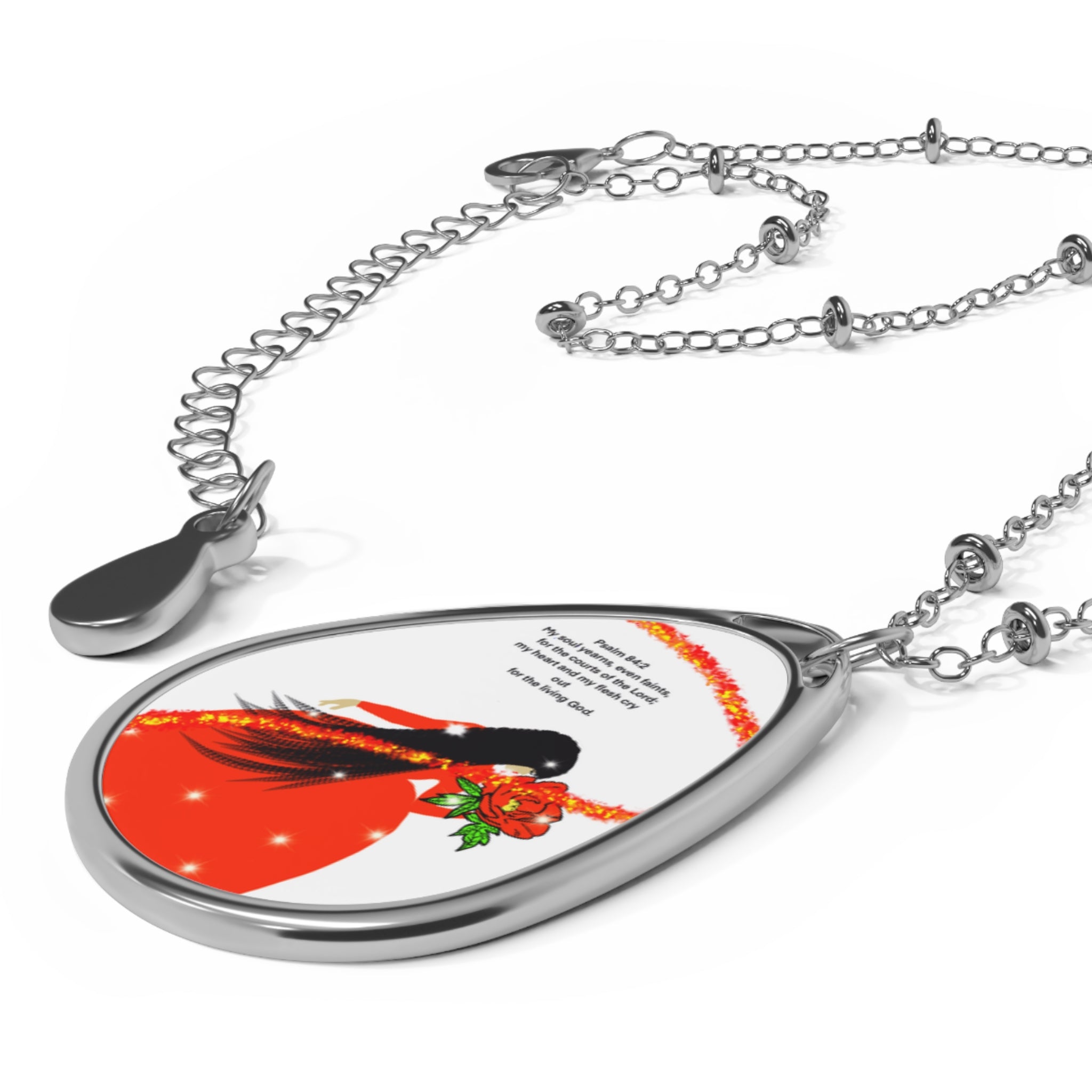 Oval Pendant Necklace — Red Winter Dress Illustration
