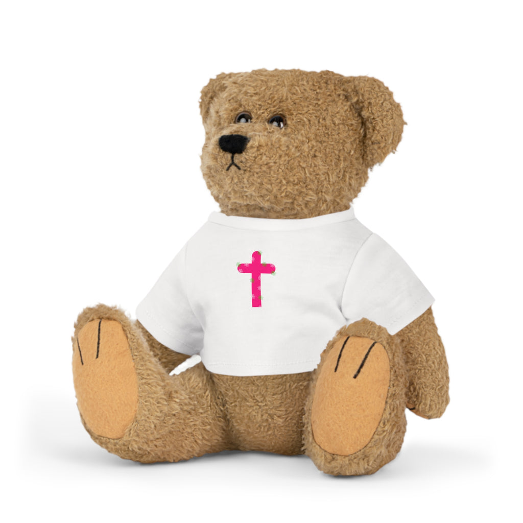 Religious Teddy Bear Plush with Pink Cross T‑Shirt