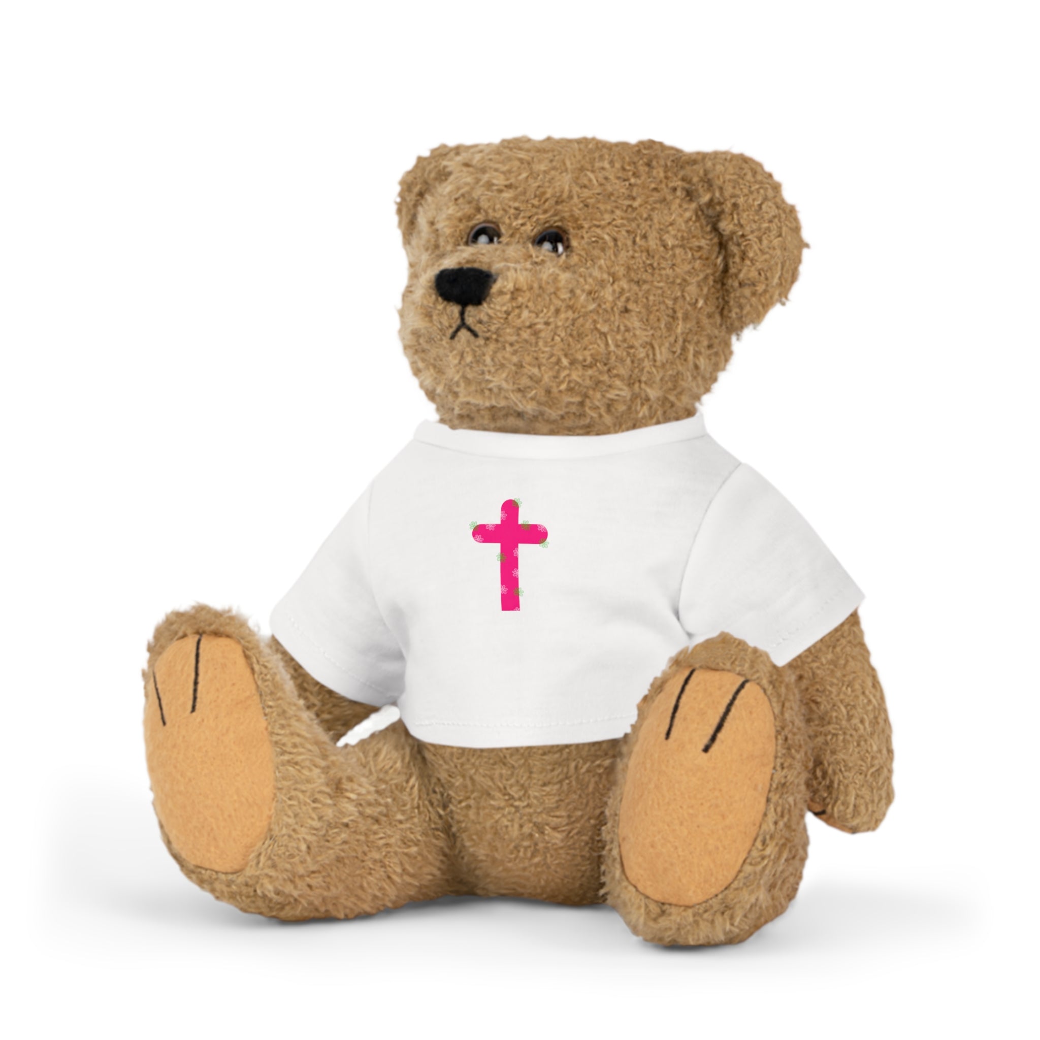 Religious Teddy Bear Plush with Pink Cross T‑Shirt