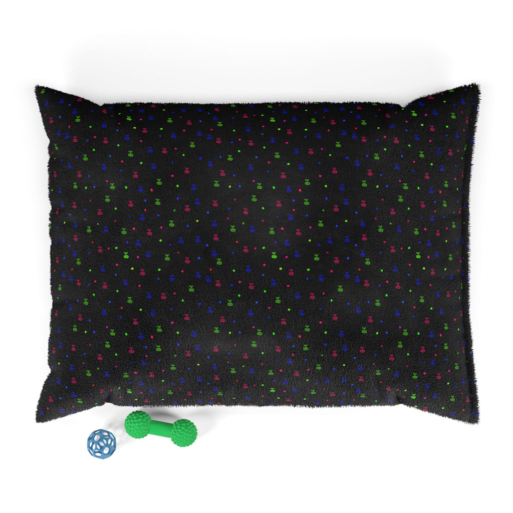 Pet Bed - Cozy Black Plush Bed with Colorful Confetti Paw Print Pattern