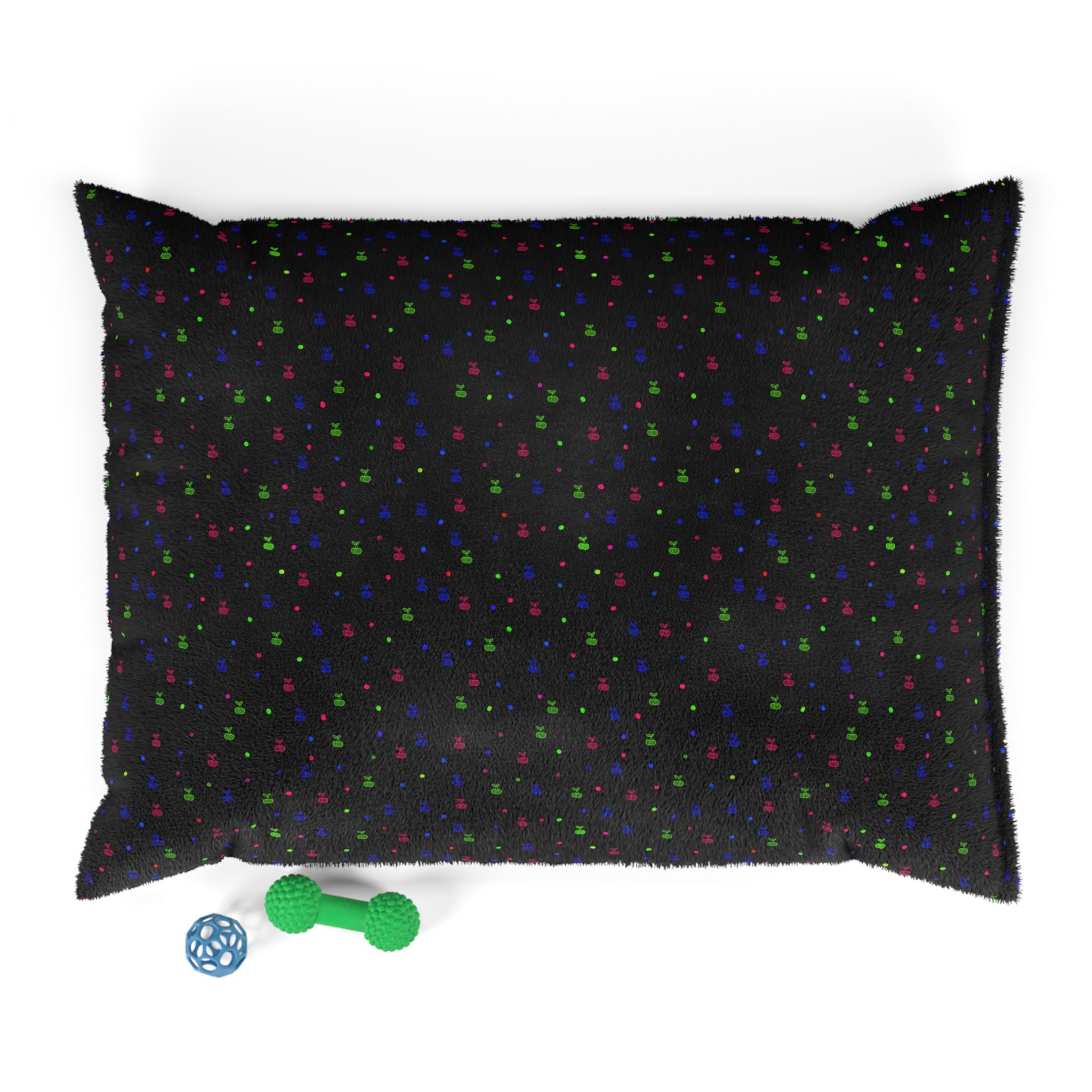 Pet Bed - Cozy Black Plush Bed with Colorful Confetti Paw Print Pattern