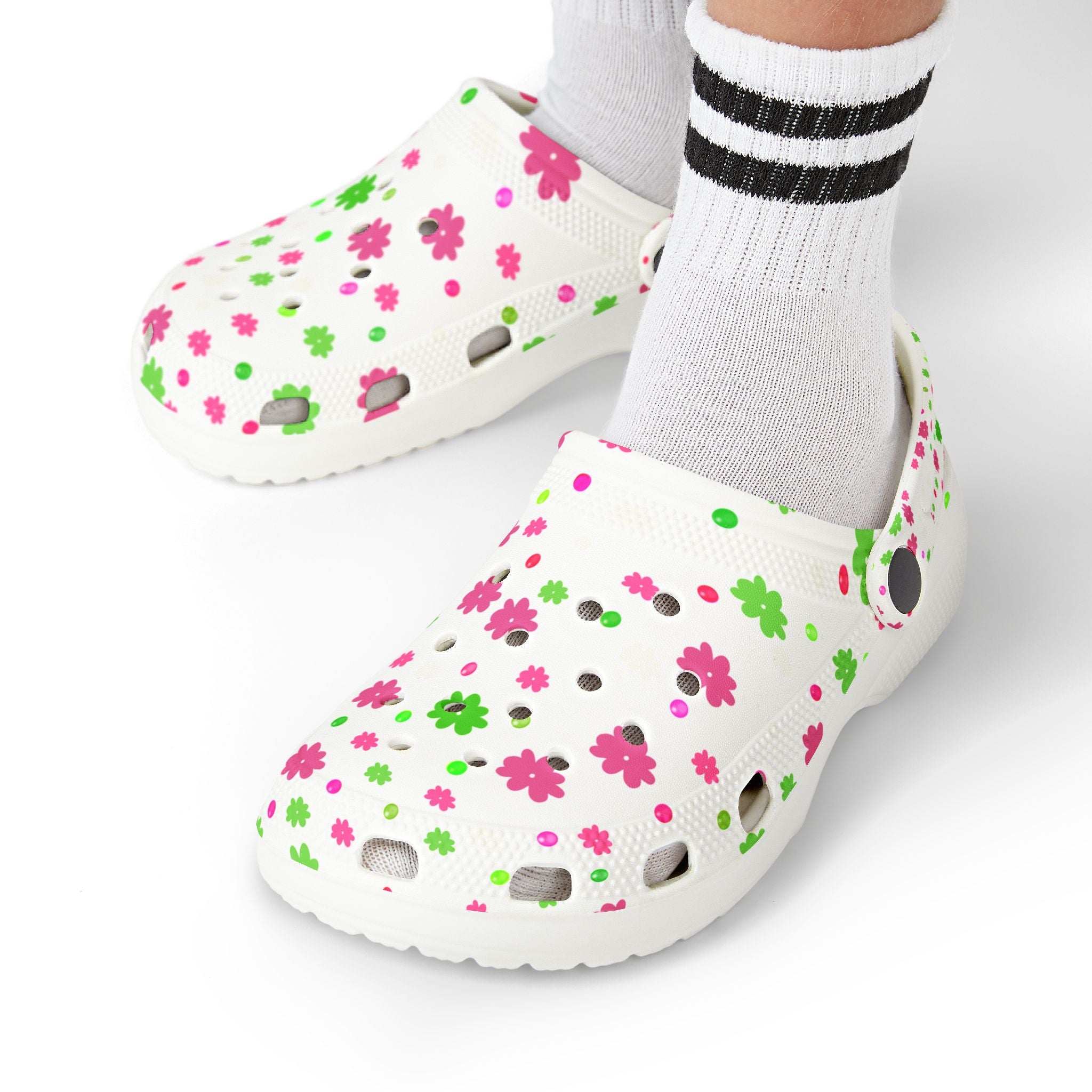 Kids Floral Foam Clogs — White Pink & Green Flower Slip-On Shoes