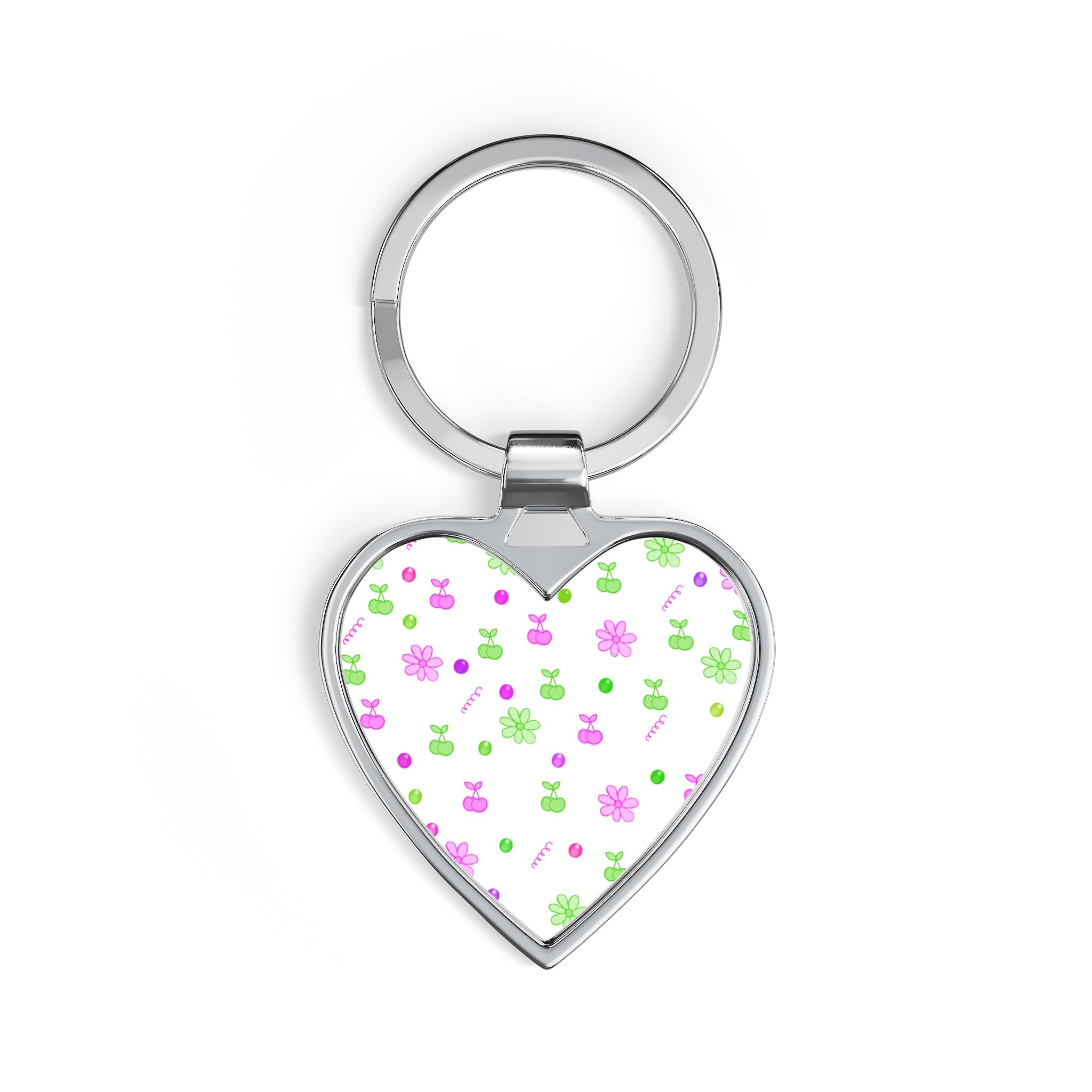 Floral Heart Keychain — Cute Pink & Green Flower Pattern Accessory