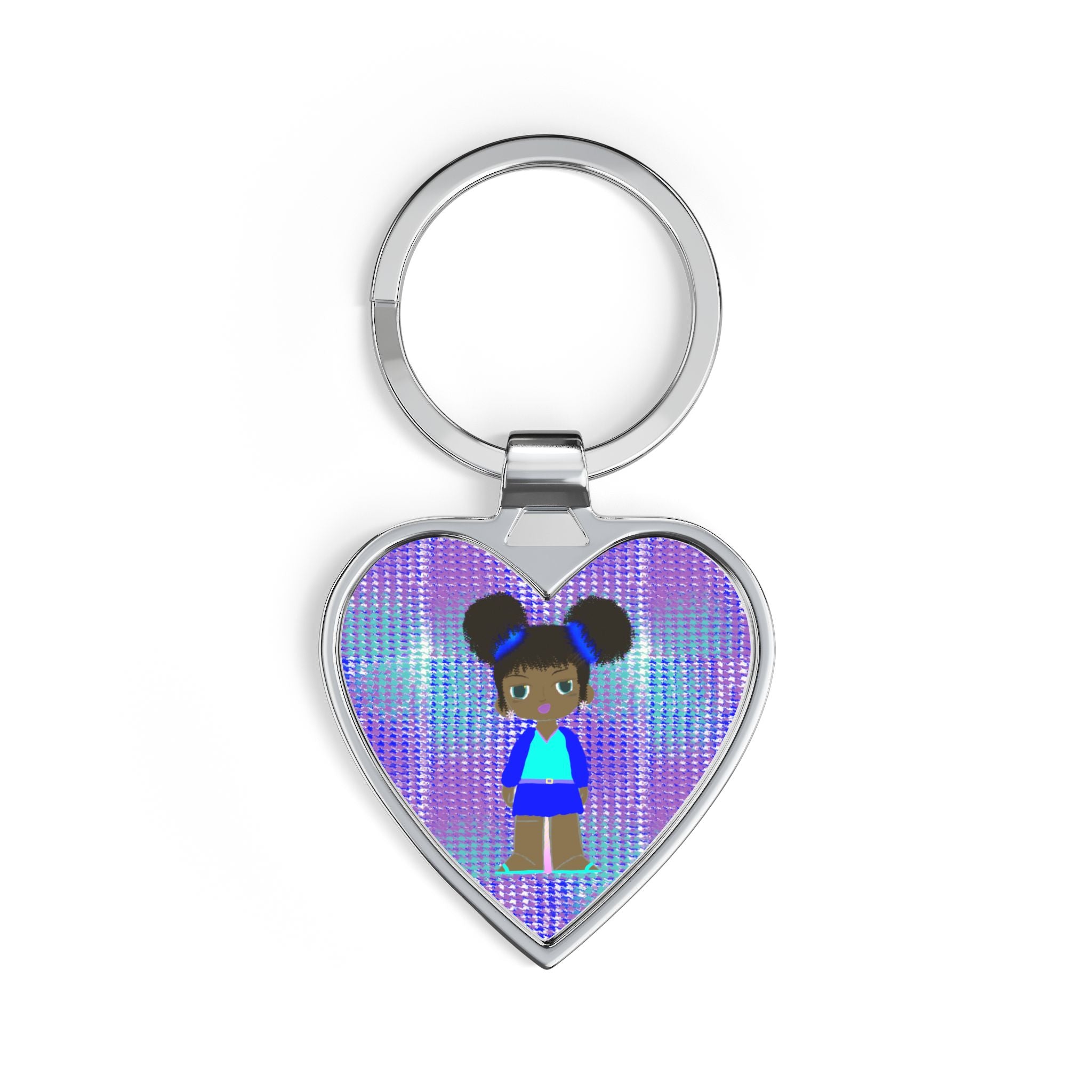 Heart Keychain — Cute Brown Girl Cartoon on Holographic Background