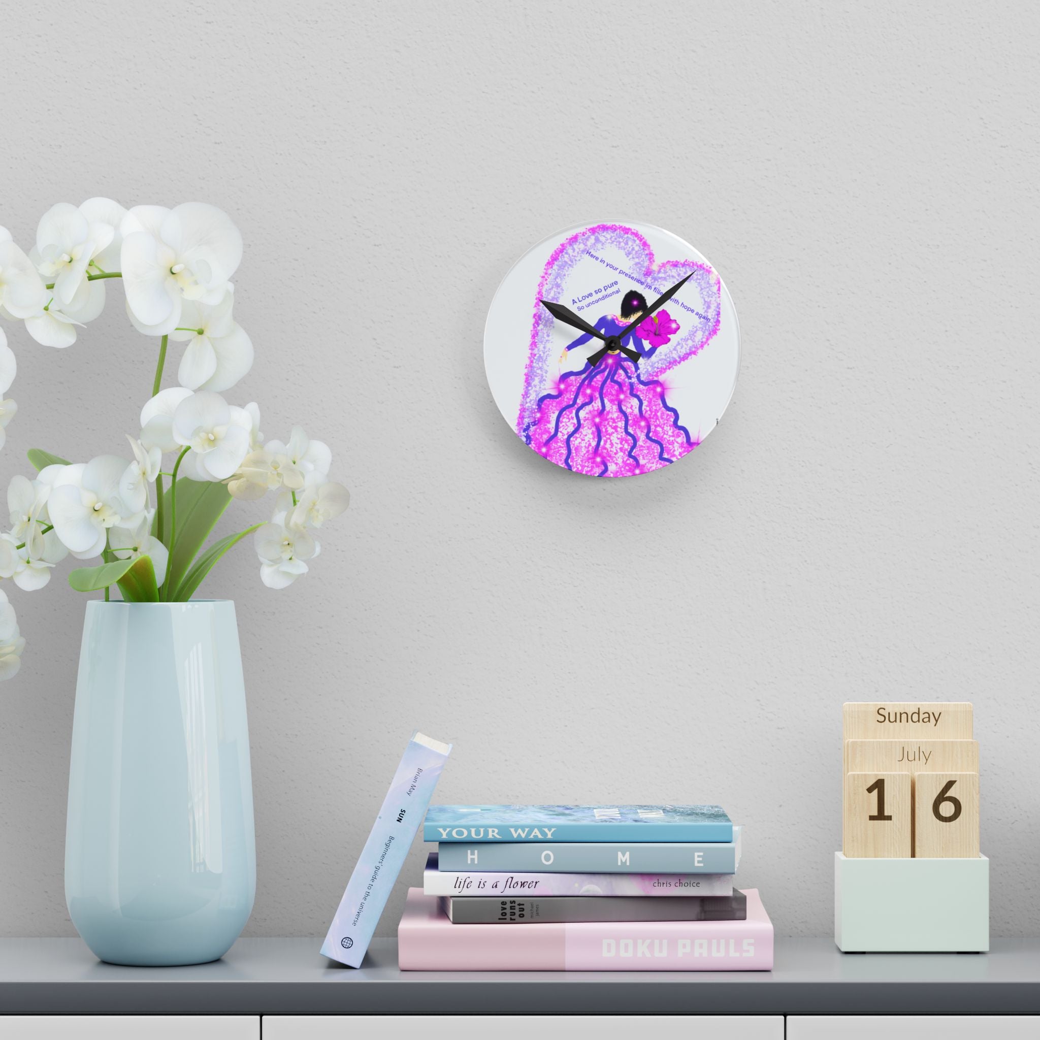 Romantic Princess Acrylic Wall Clock — 'A Love to Grow' Pink Heart Design