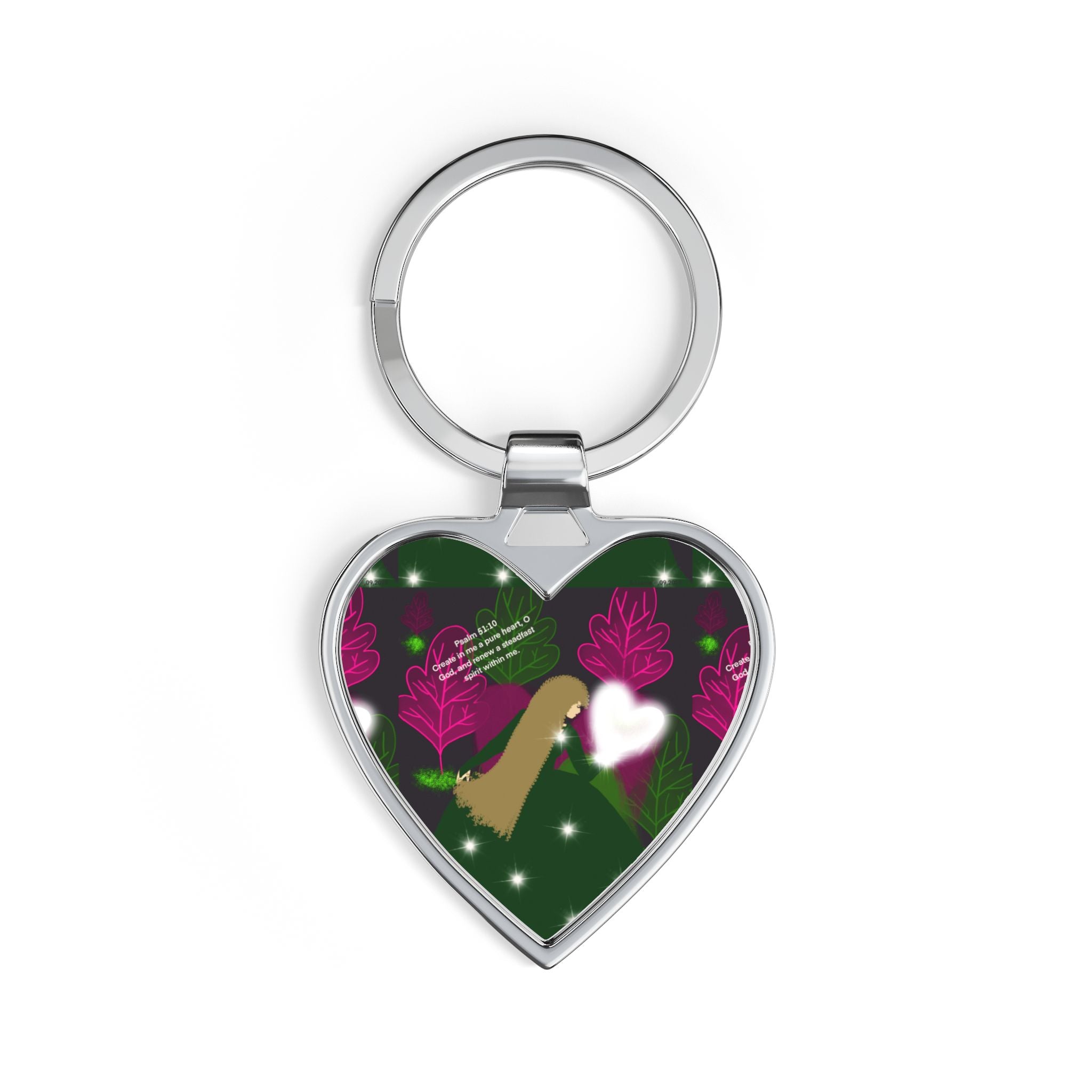 Floral Heart Keychain – Romantic Pink Roses on Green Background