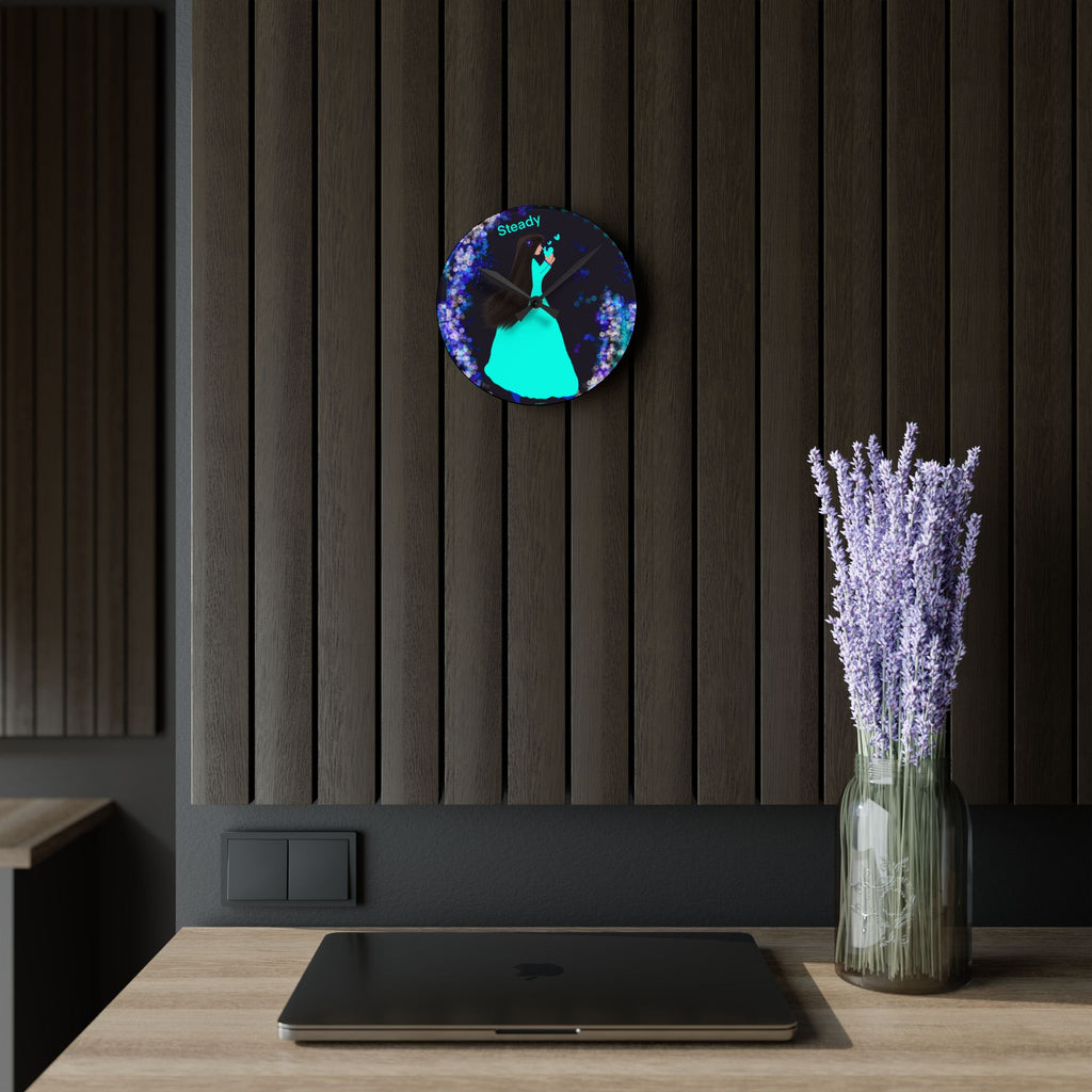 Steady Girl Acrylic Wall Clock — Teal Gown Night Sky Decor