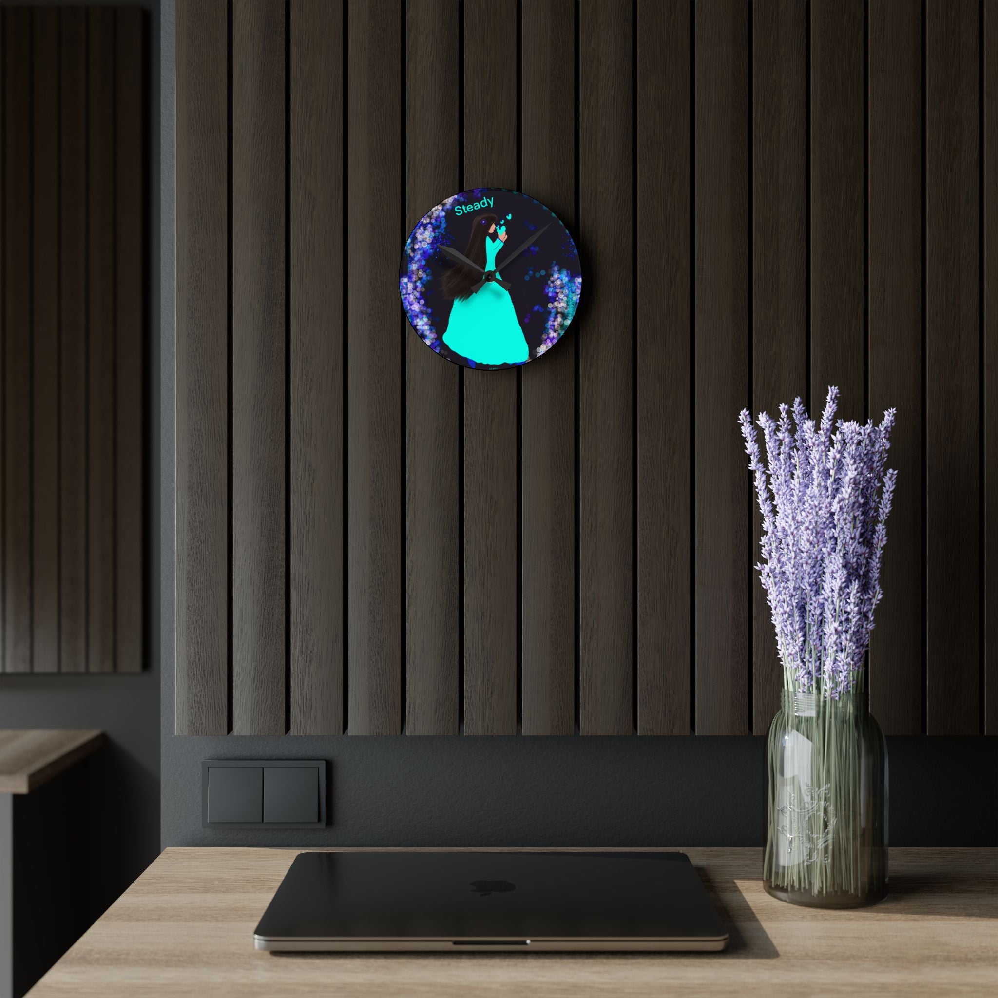 Steady Girl Acrylic Wall Clock — Teal Gown Night Sky Decor