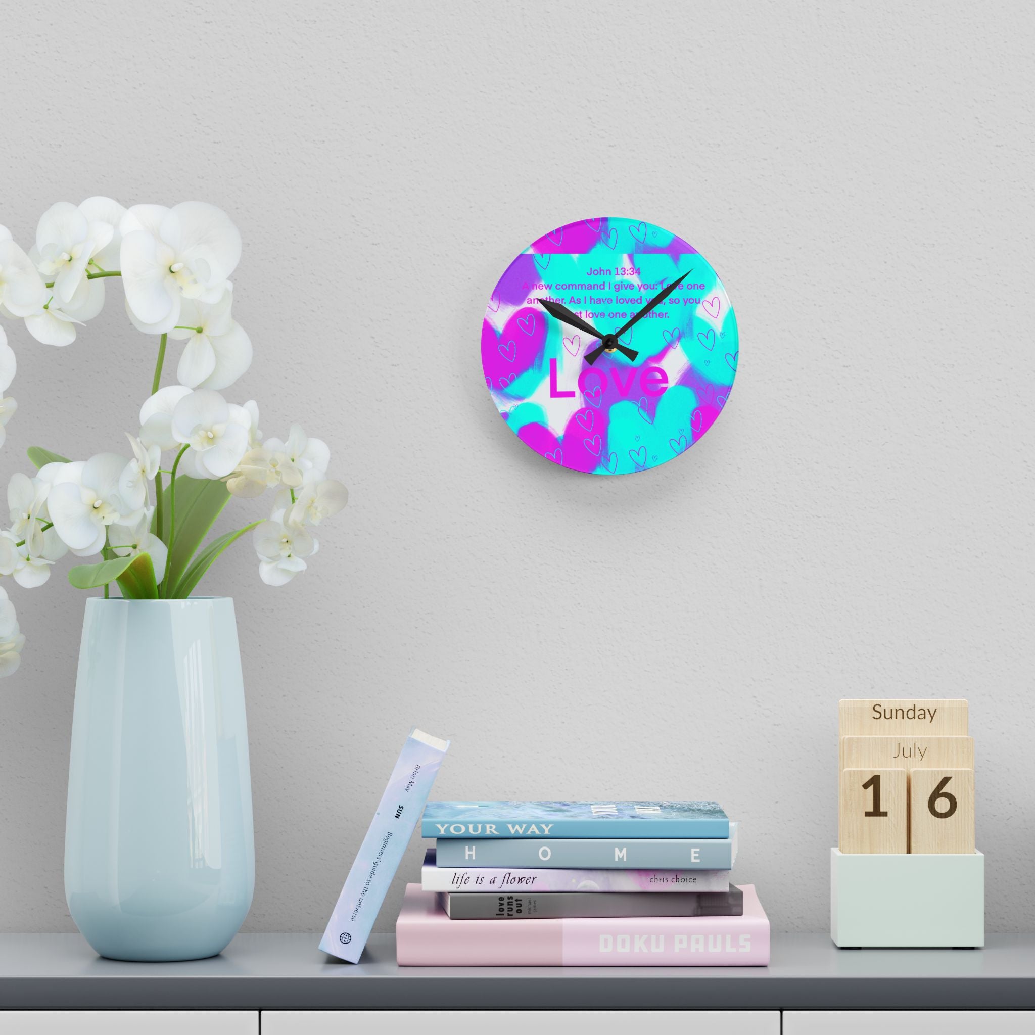 Acrylic Wall Clock — Pastel Heart ‘Love’ Bible Verse (John 13:34)