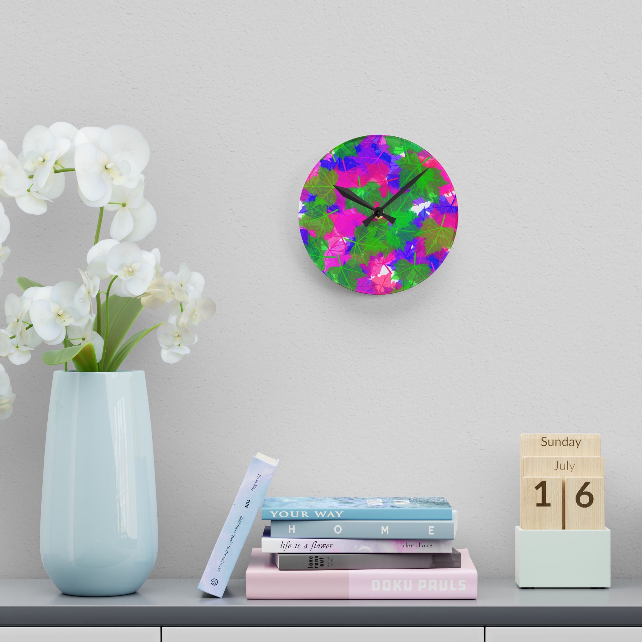 Vibrant Neon Leaf Acrylic Wall Clock — Colorful Tropical Foliage Home Decor
