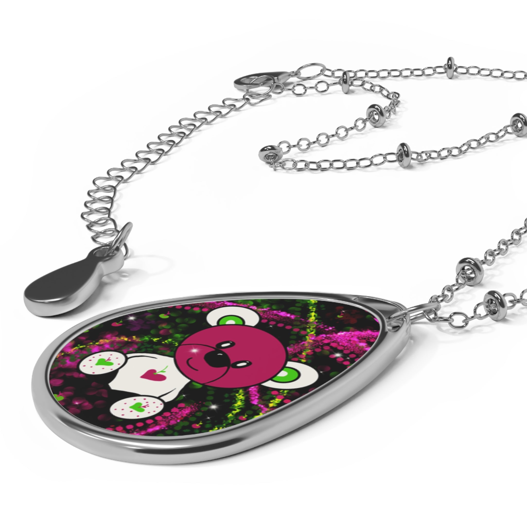 Cute Pink Bear Oval Necklace — Kawaii Teddy Pendant Jewelry