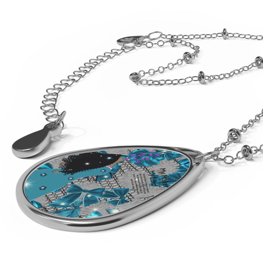 Oval Pendant Necklace — Blue Floral Collage Teardrop Jewelry