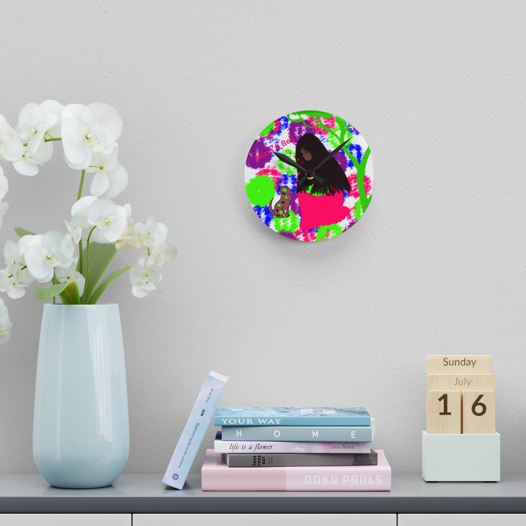 Colorful Folk Art Acrylic Wall Clock — Woman & Cat Illustration