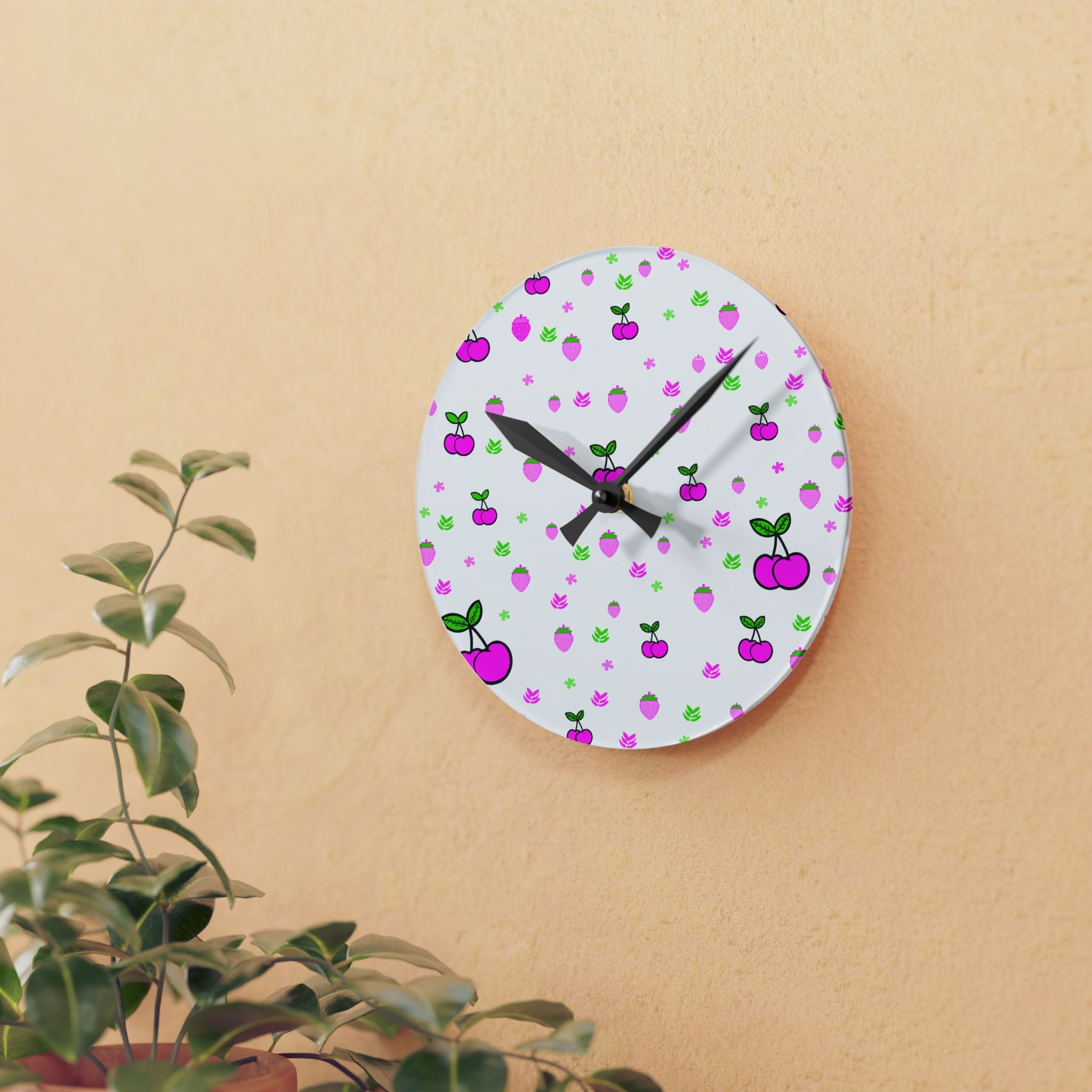 Pink Cherry Pattern Acrylic Wall Clock — Cute Kawaii Fruit Decor