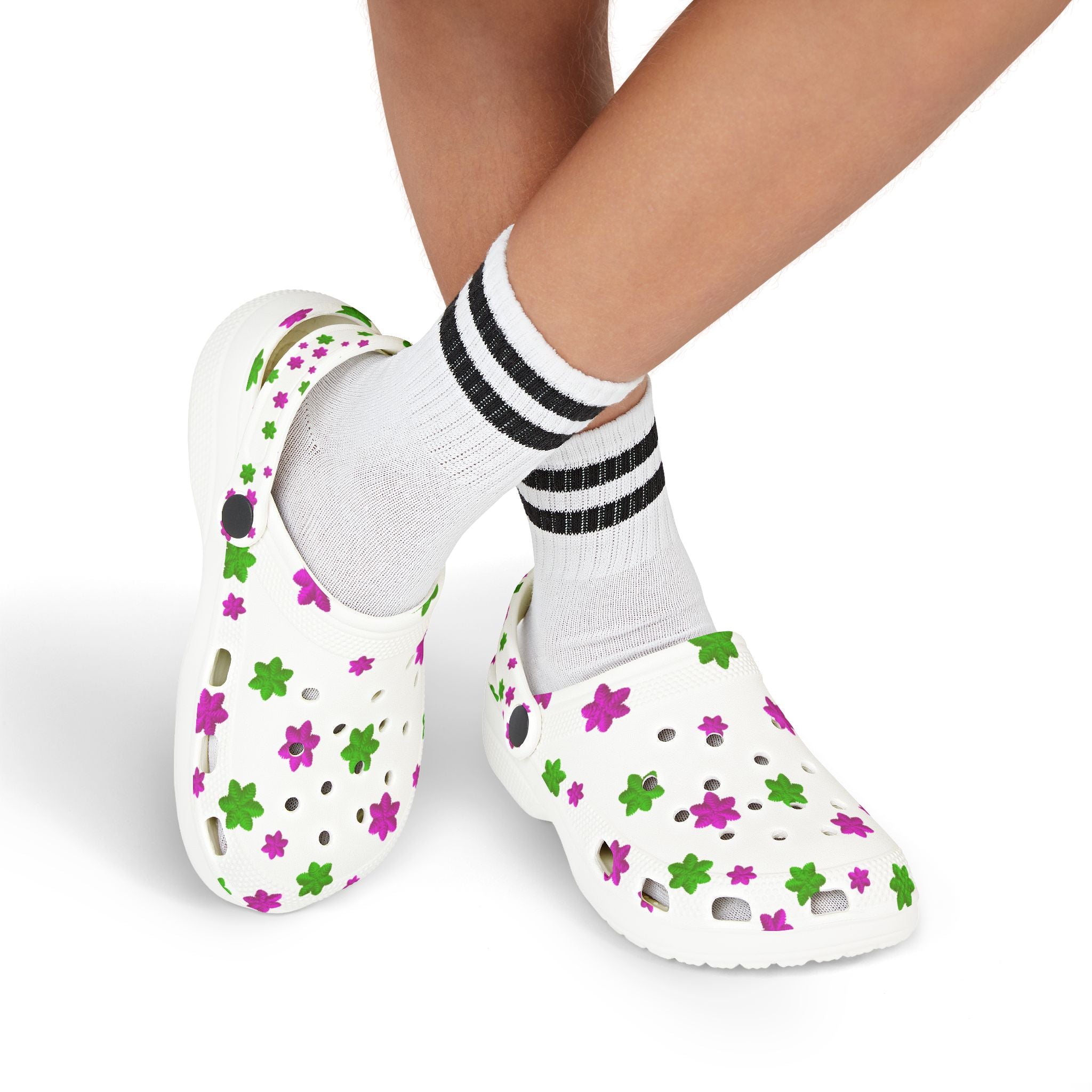 Kids Floral EVA Foam Clogs — White Pink & Green Flower Print