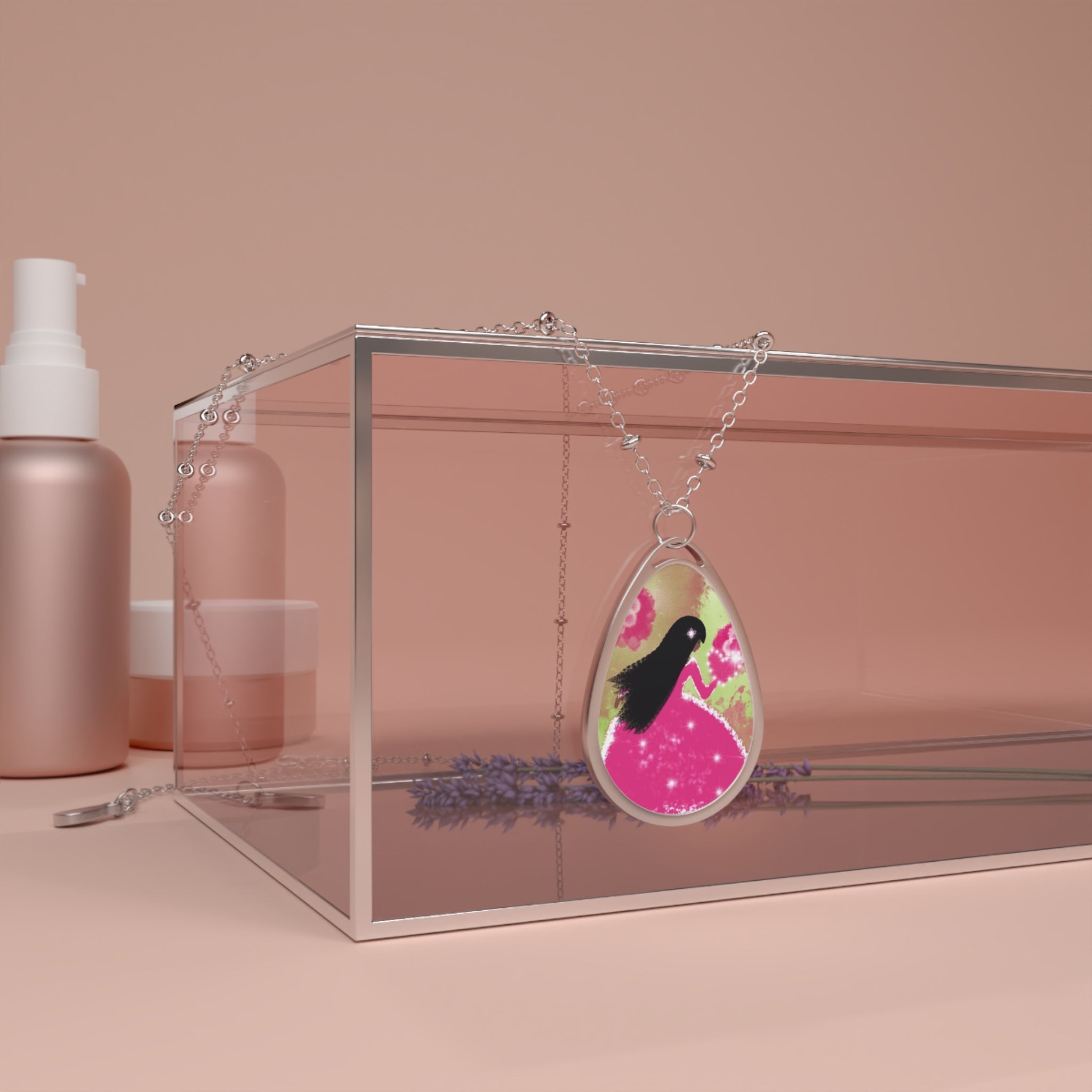 Bird Silhouette Oval Necklace — Pink Floral Pendant Jewelry
