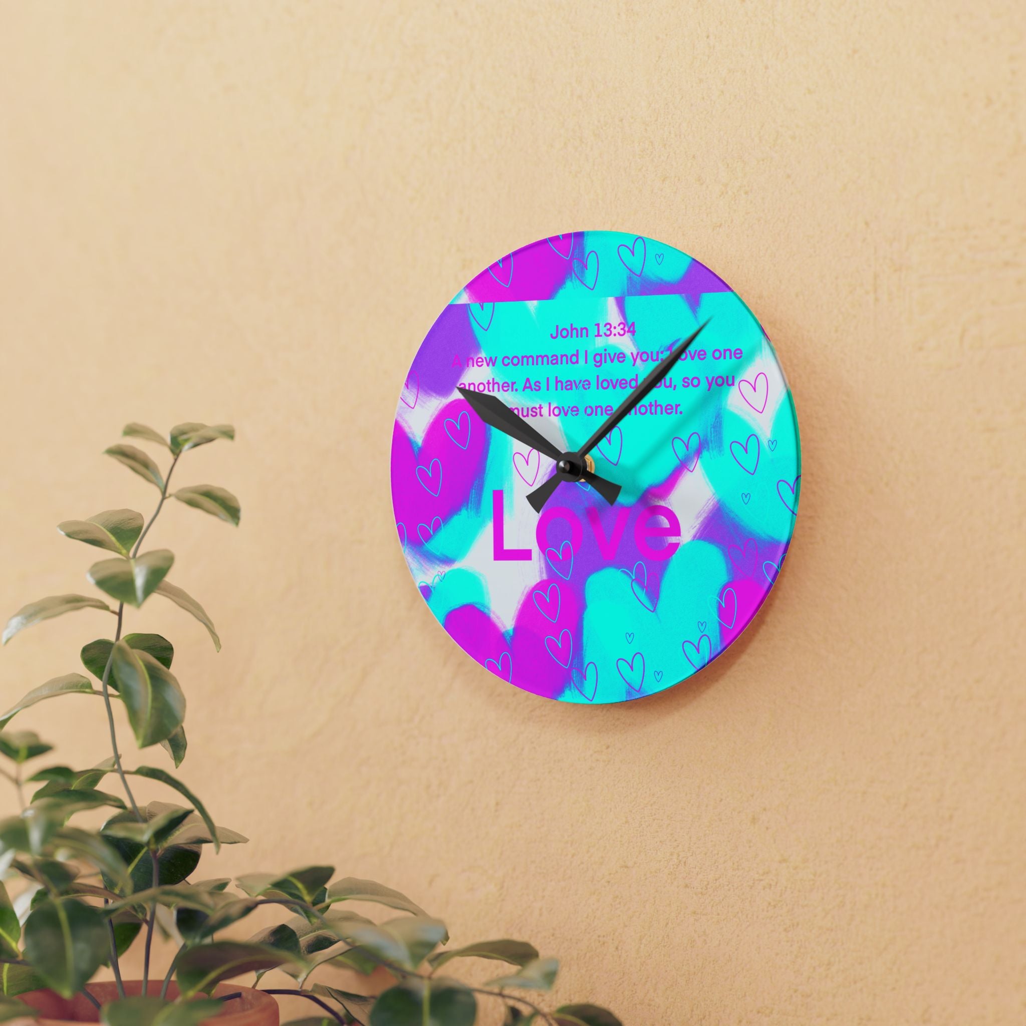 Acrylic Wall Clock — Pastel Heart ‘Love’ Bible Verse (John 13:34)