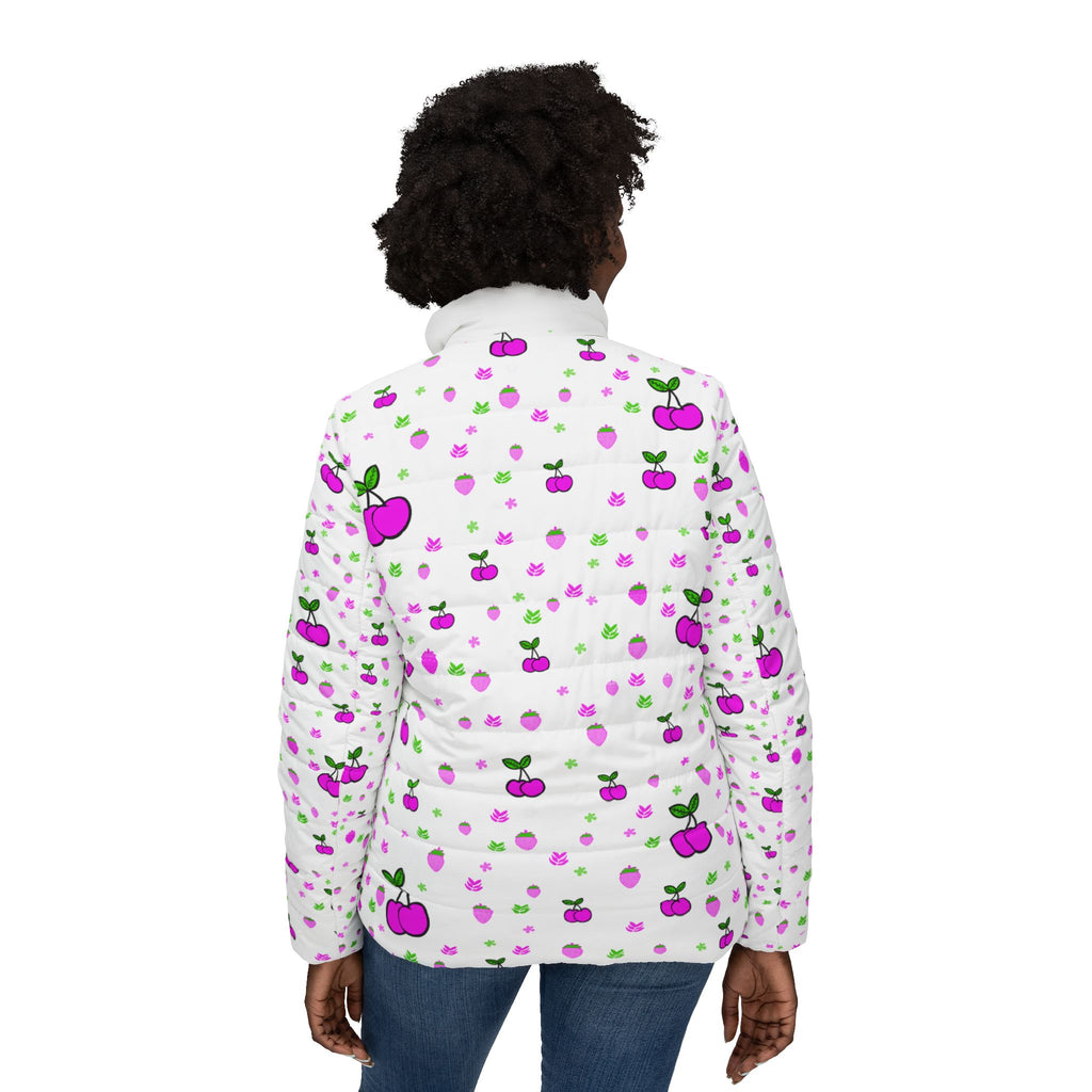 Cherry Dots Women’s Puffer Jacket — Cute Pink & Purple Cherry All-Over Print