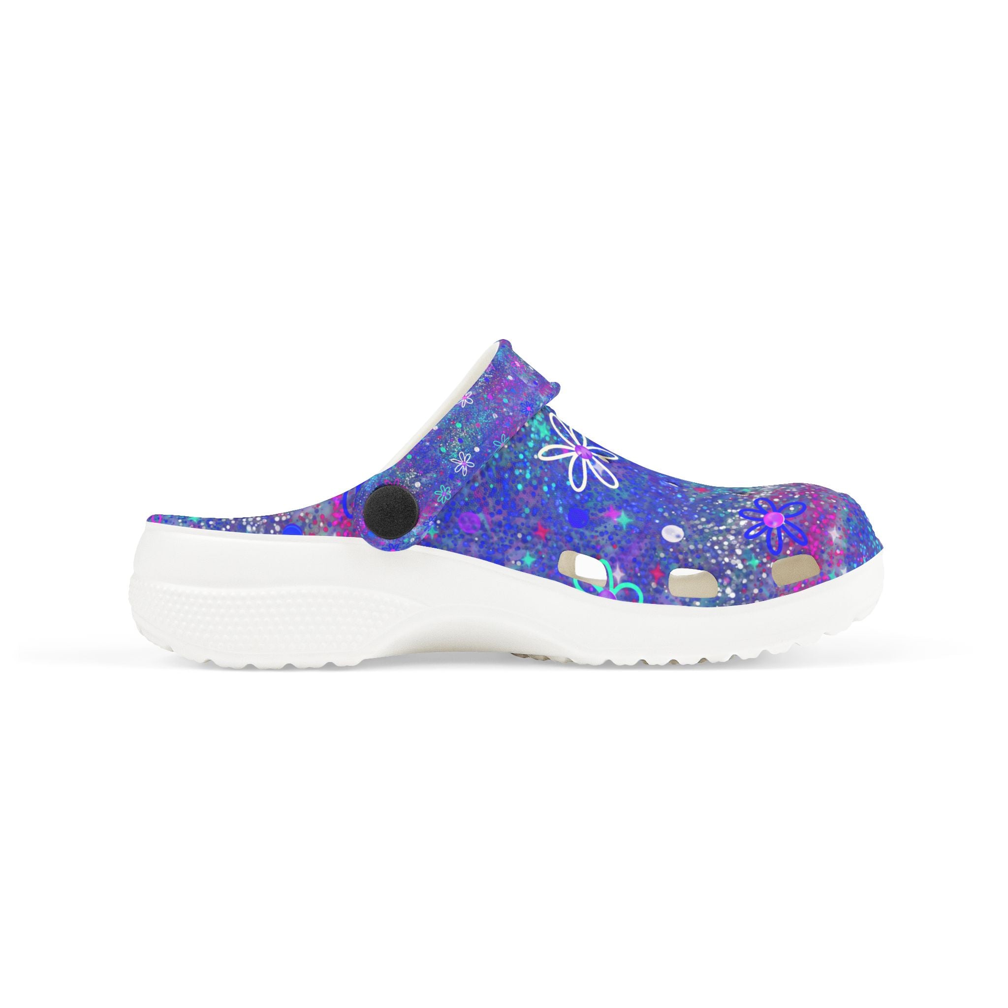 Kids Floral Galaxy EVA Foam Clogs — Purple Sparkle All-Over Print