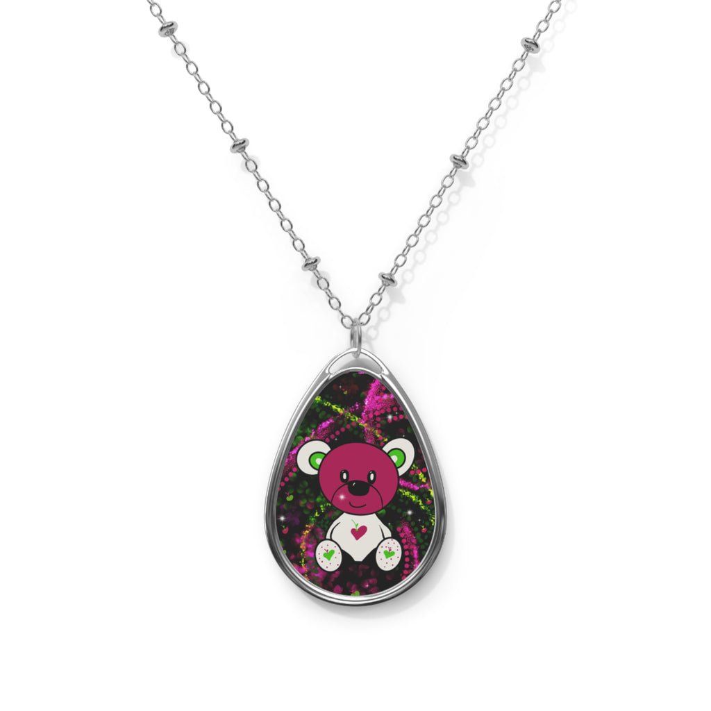 Cute Pink Bear Oval Necklace — Kawaii Teddy Pendant Jewelry