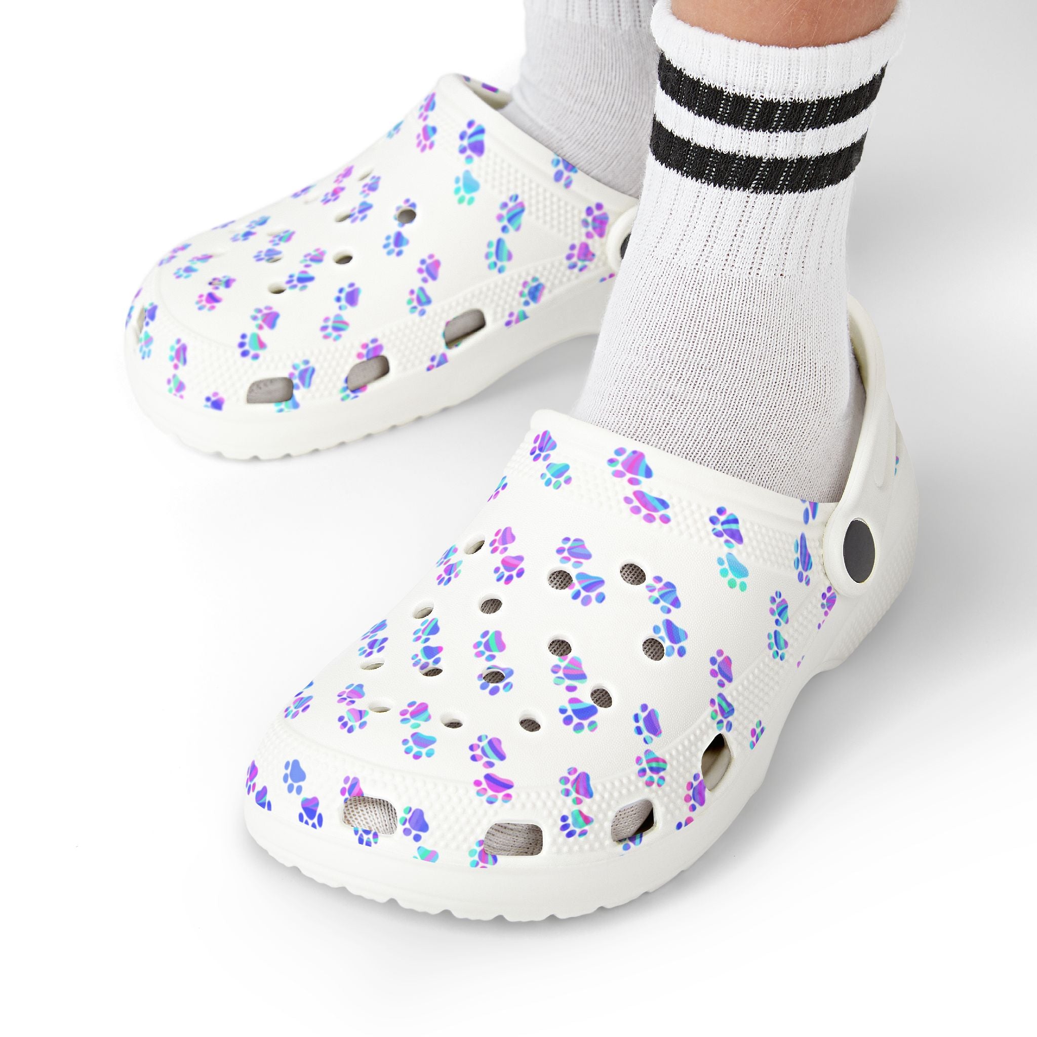 Kids Floral Paw Print Clogs — White EVA Foam Slip‑On Garden Shoes
