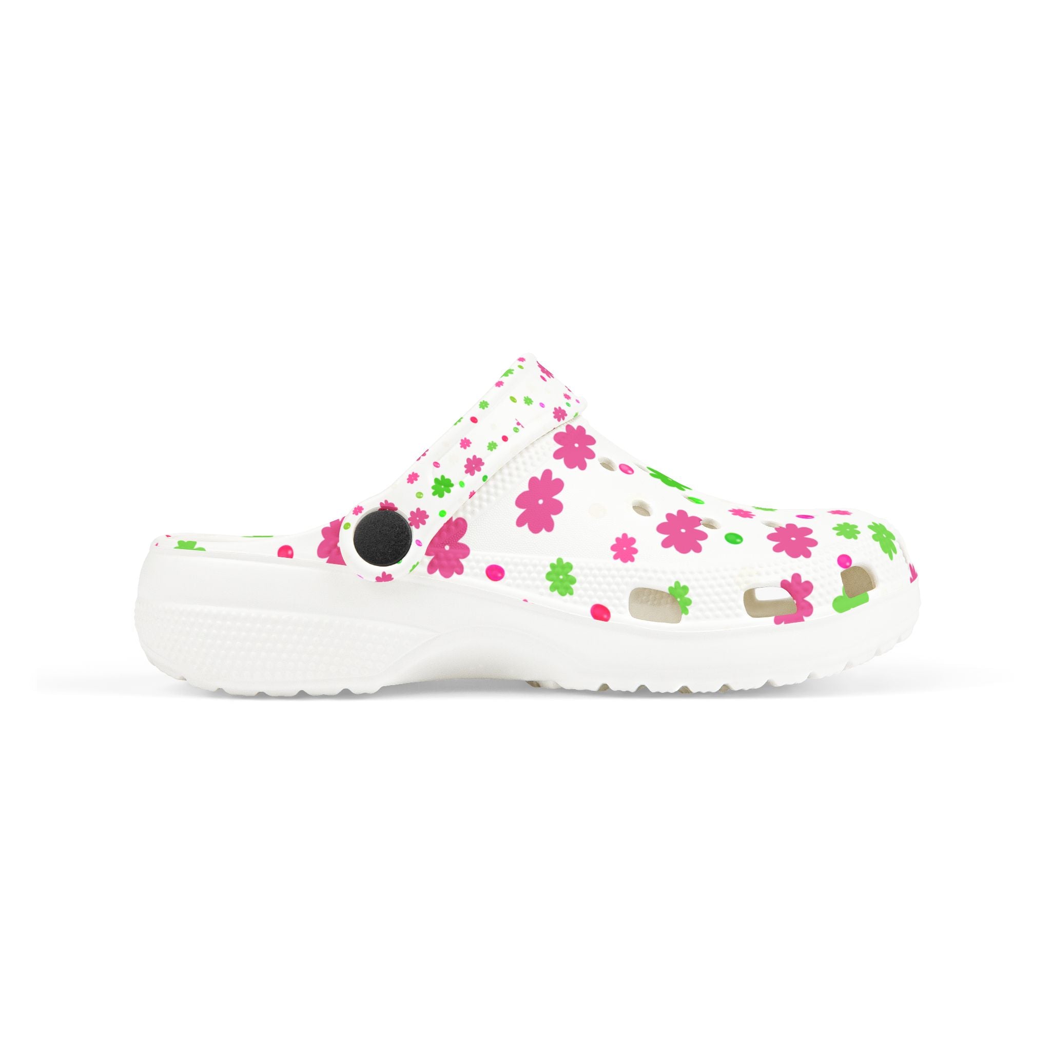 Kids Floral Foam Clogs — White Pink & Green Flower Slip-On Shoes