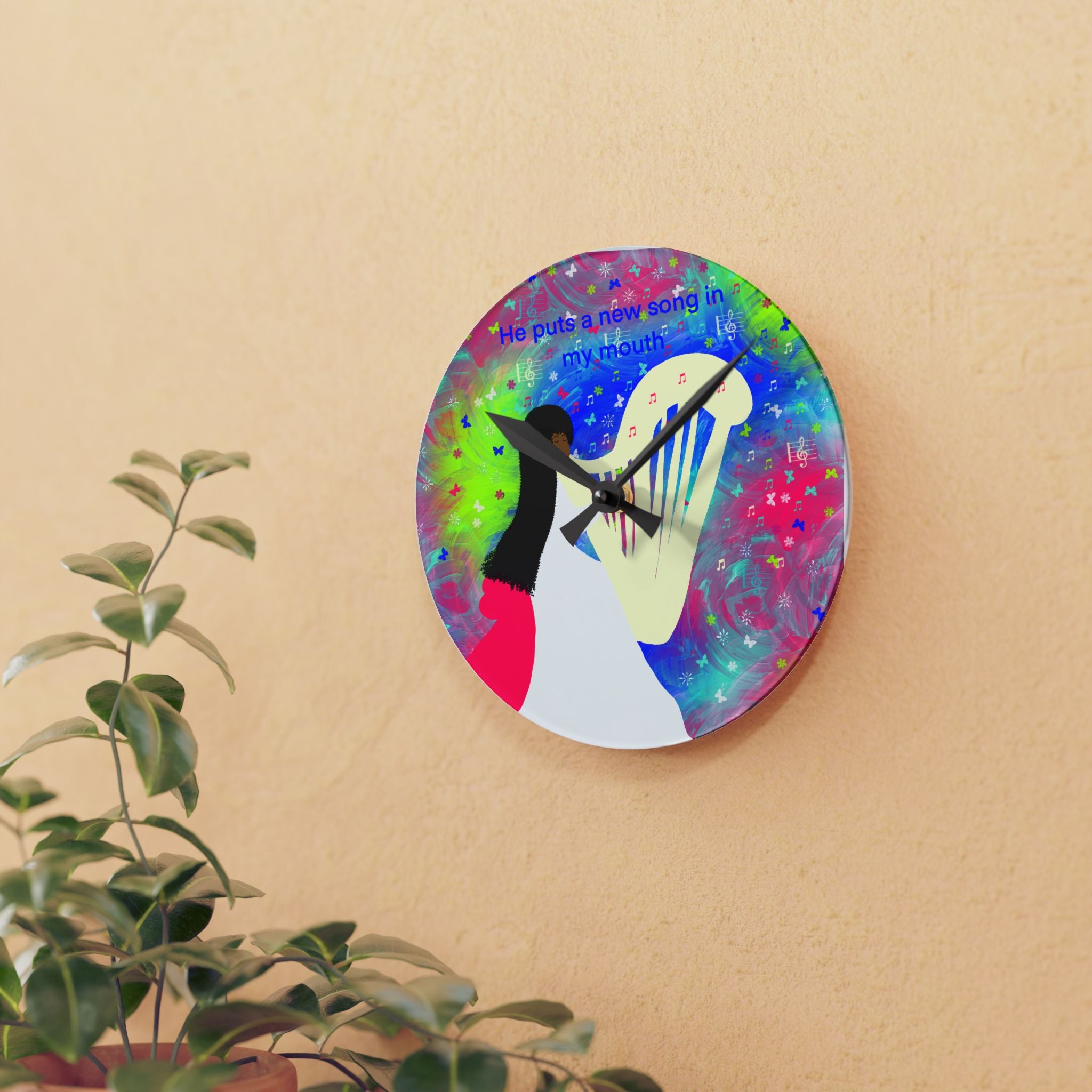 Acrylic Wall Clock — Colorful Worship Harp Design with Lyrics “He puts a new song in my mouth”