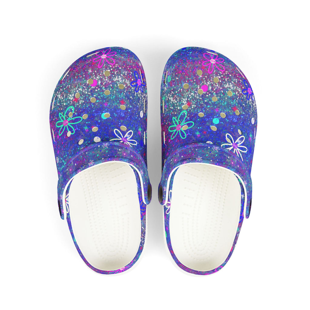 Kids Floral Galaxy EVA Foam Clogs — Purple Sparkle All-Over Print