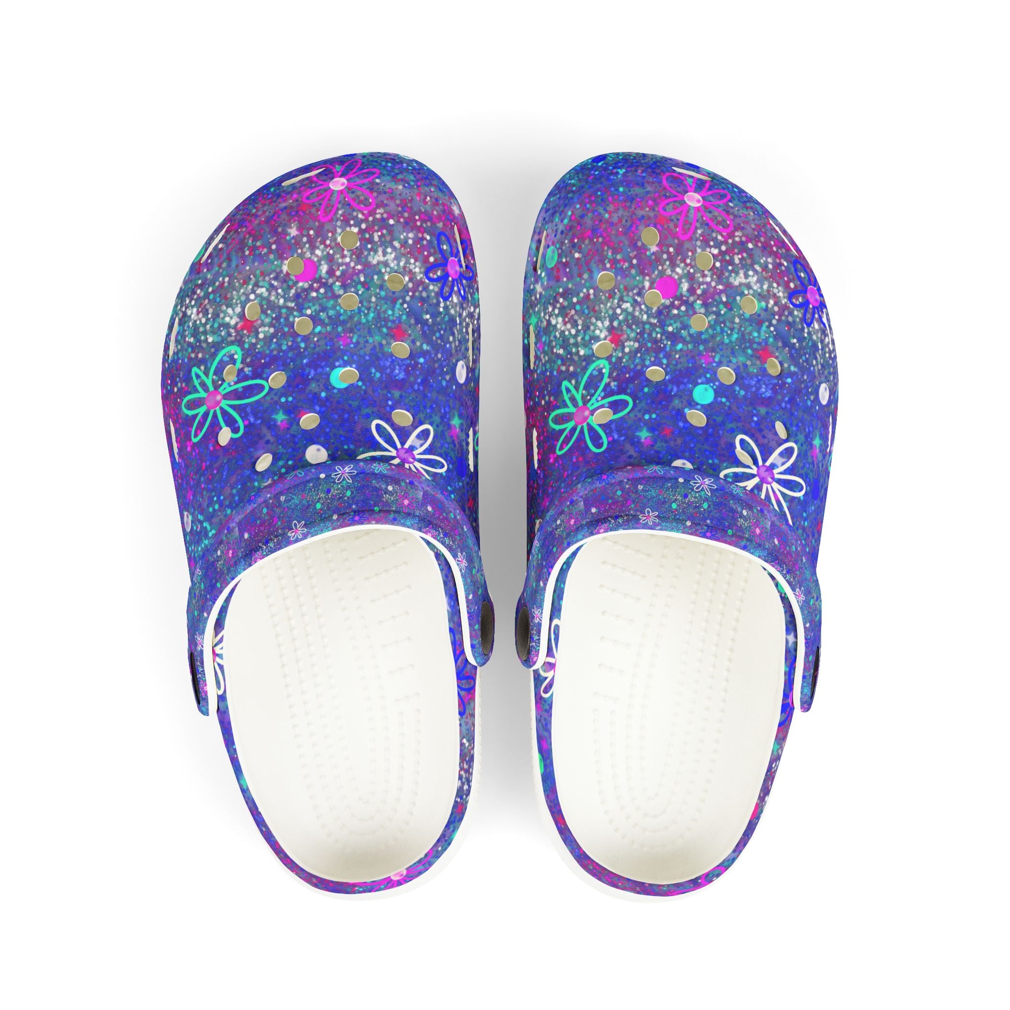 Kids Floral Galaxy EVA Foam Clogs — Purple Sparkle All-Over Print