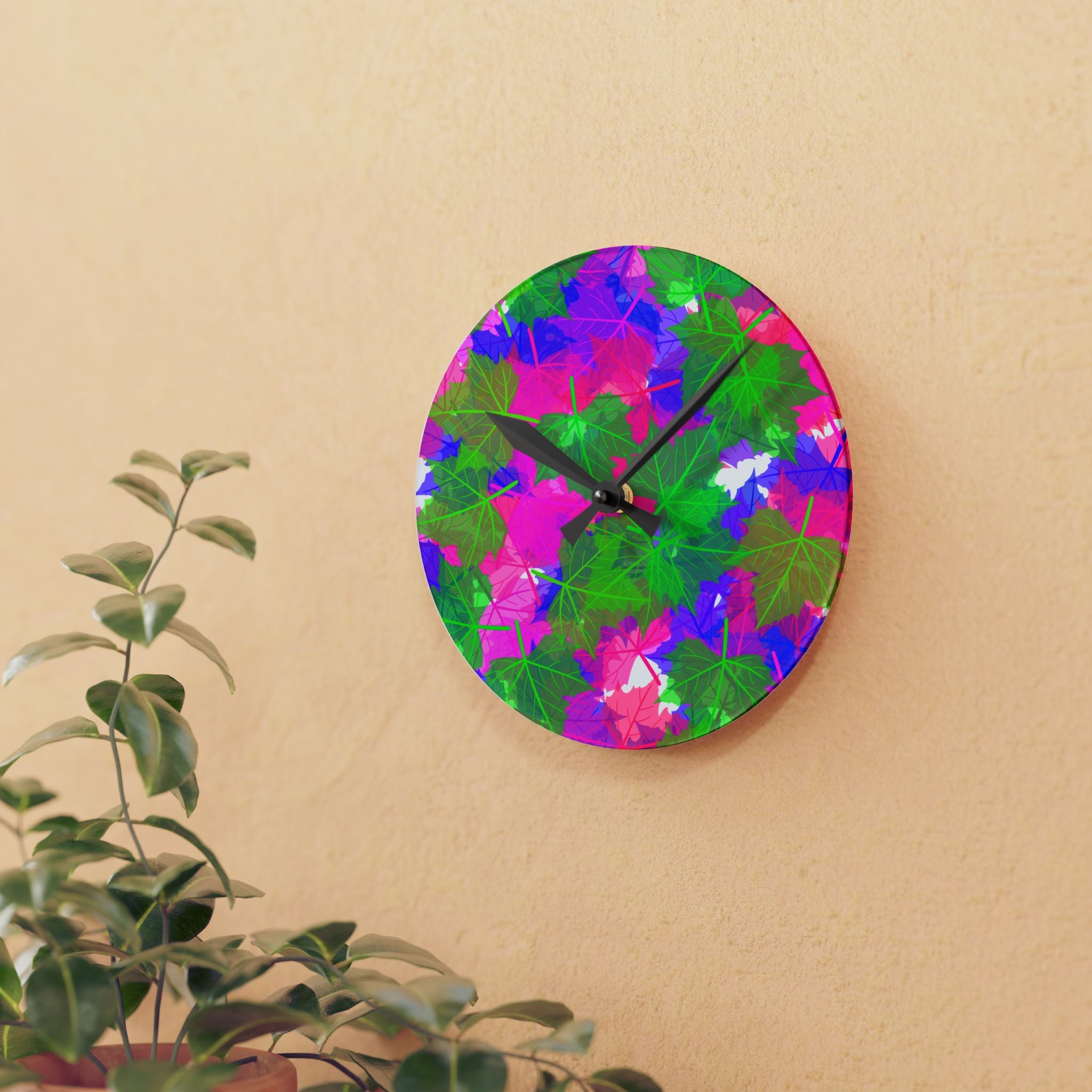 Vibrant Floral Acrylic Wall Clock — Bright Pink & Green Leaf Pattern
