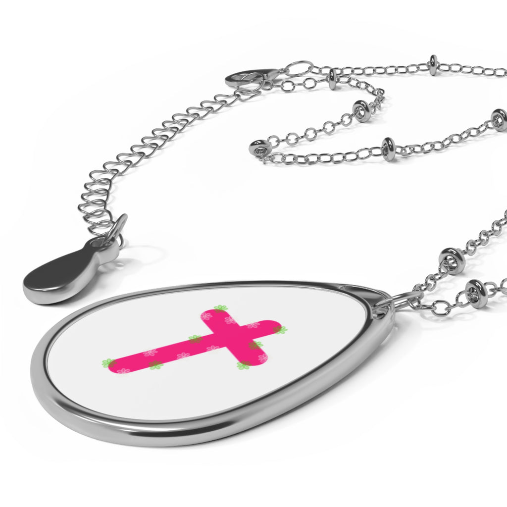 Pink Cross Oval Necklace — Religious Teardrop Pendant for Women