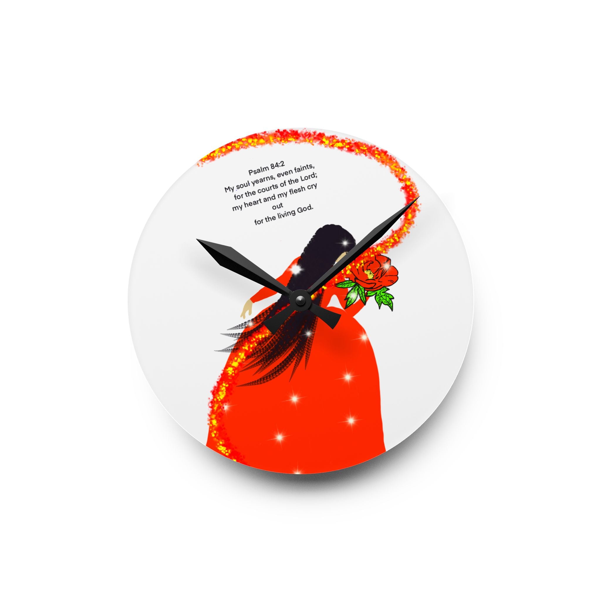 Acrylic Wall Clock — Red Cloak Floral Woman with Psalm 46 Verse