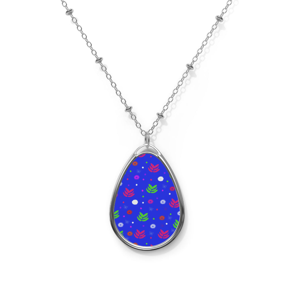 Floral Oval Pendant Necklace — Blue Teardrop Flower Charm